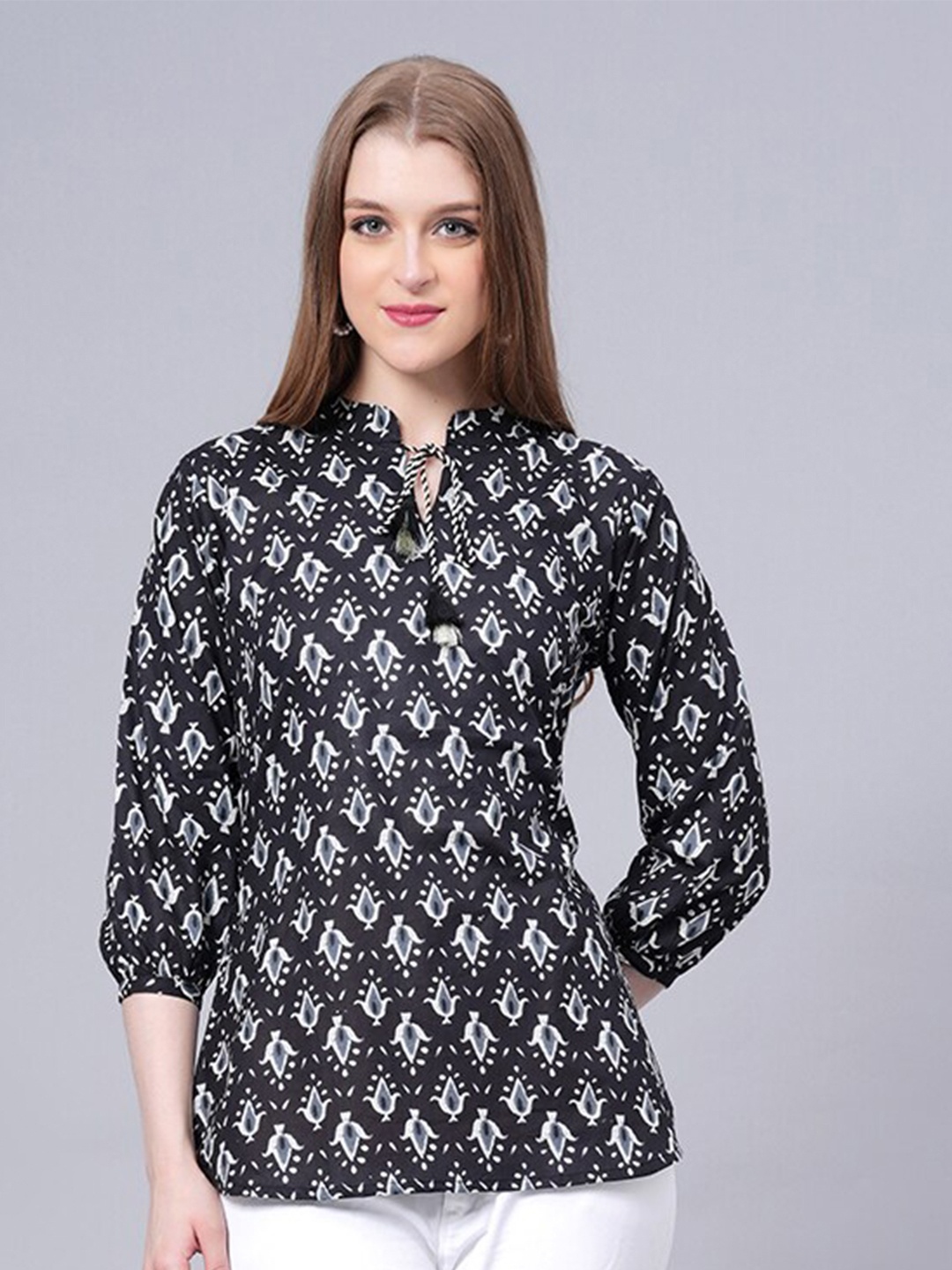 

HIGHLIGHT FASHION EXPORT Ethnic Motifs Printed Mandarin Collar Tie-Up Detail Cotton Top, Black