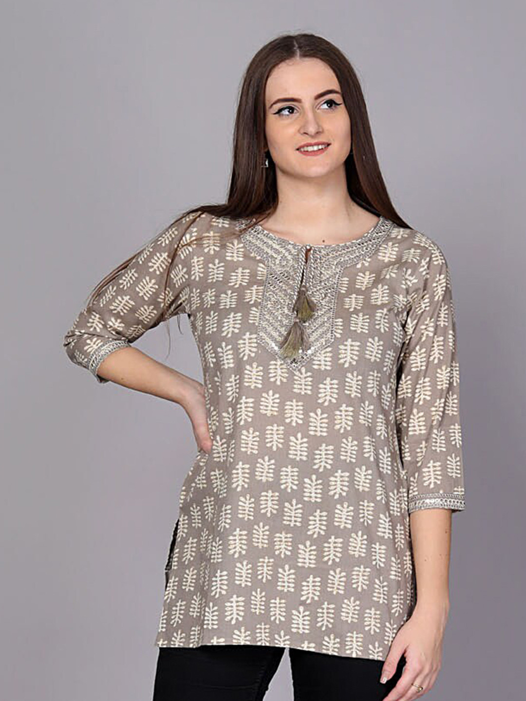 

HIGHLIGHT FASHION EXPORT Ethnic Motifs Printed Tie-Up Neck Sequined Cotton Kurti, Grey