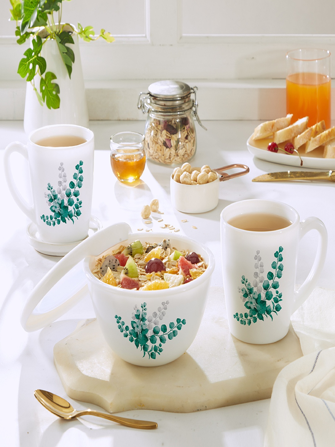 

Cello Glorious 3 Pcs White & Green Floral Printed Opalware Matte Mugs and Bowl
