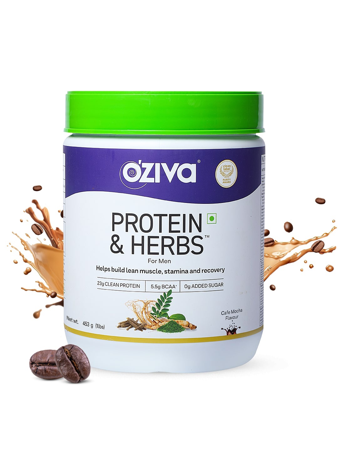 

OZiva Men Protein & Herbs for Lean Muscles & Stamina - Cafe Mocha, 453g, Green