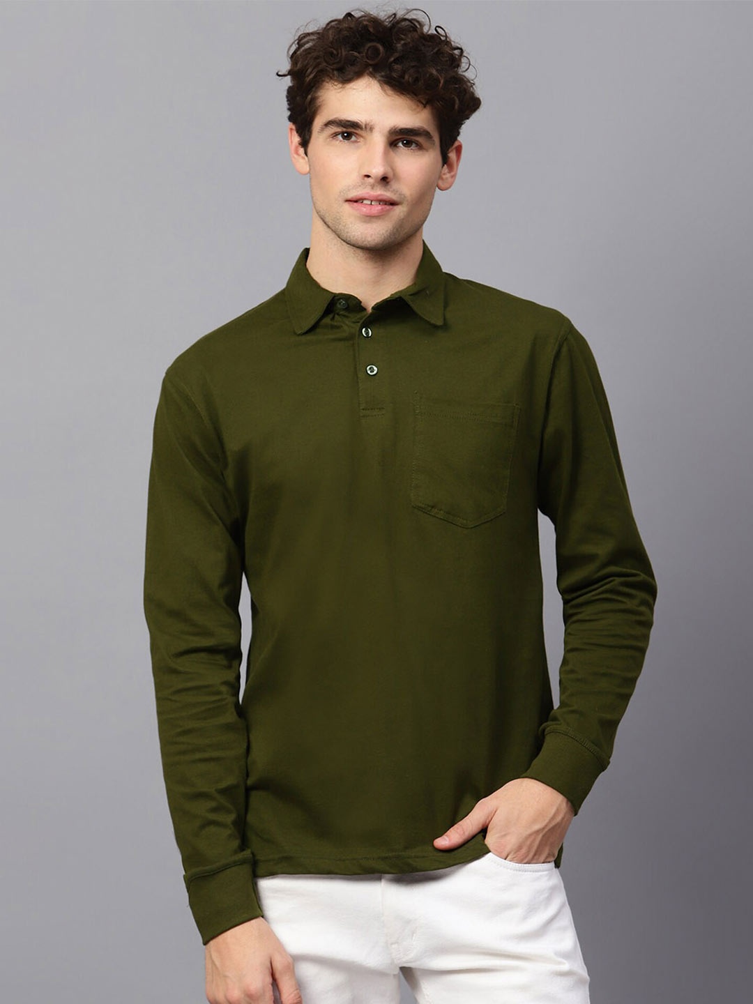 

Fleximaa Polo Collar Long Sleeve Pocket Pure Cotton Regular Fit T-shirt, Olive