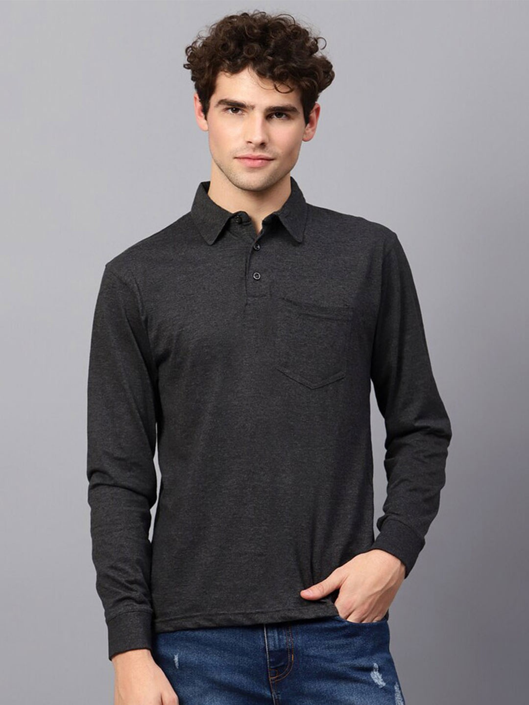 

Fleximaa Polo Collar Long Sleeve Pocket Pure Cotton Regular Fit T-shirt, Charcoal