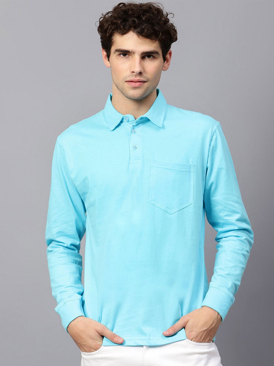 

Fleximaa Polo Collar Long Sleeve Pocket Pure Cotton Regular Fit T-shirt, Blue