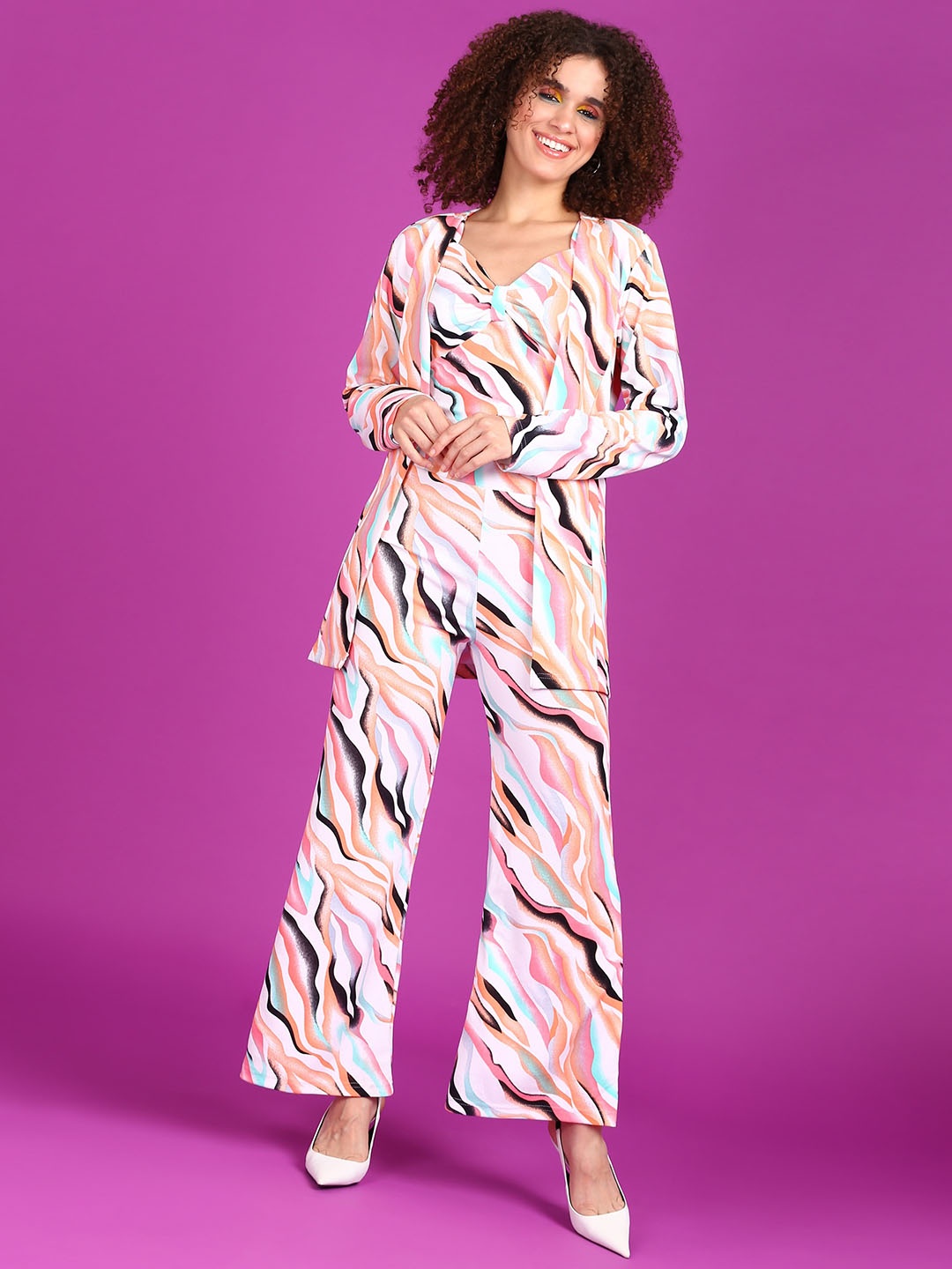 

Popwings Printed Crop Top With Bootcut Trousers & Shrug Co-Ords, White