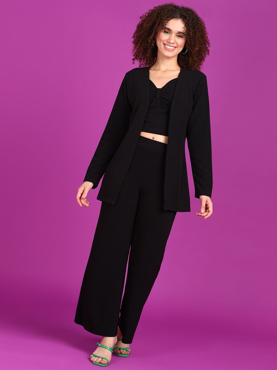 

Popwings Sweetheart Neck Top With Trousers & Jacket, Black