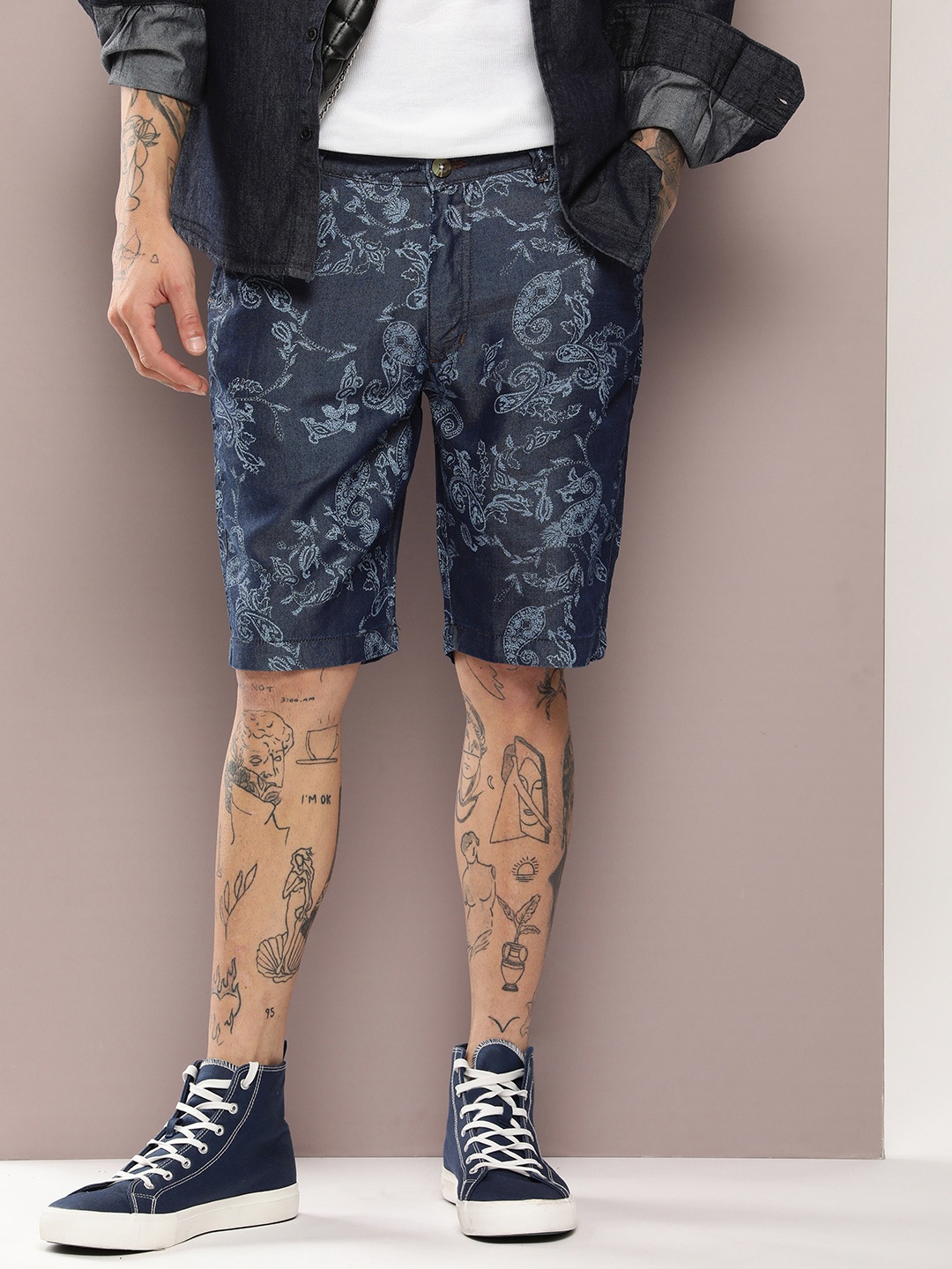 

Kook N Keech Men Printed Cotton Denim Shorts, Navy blue