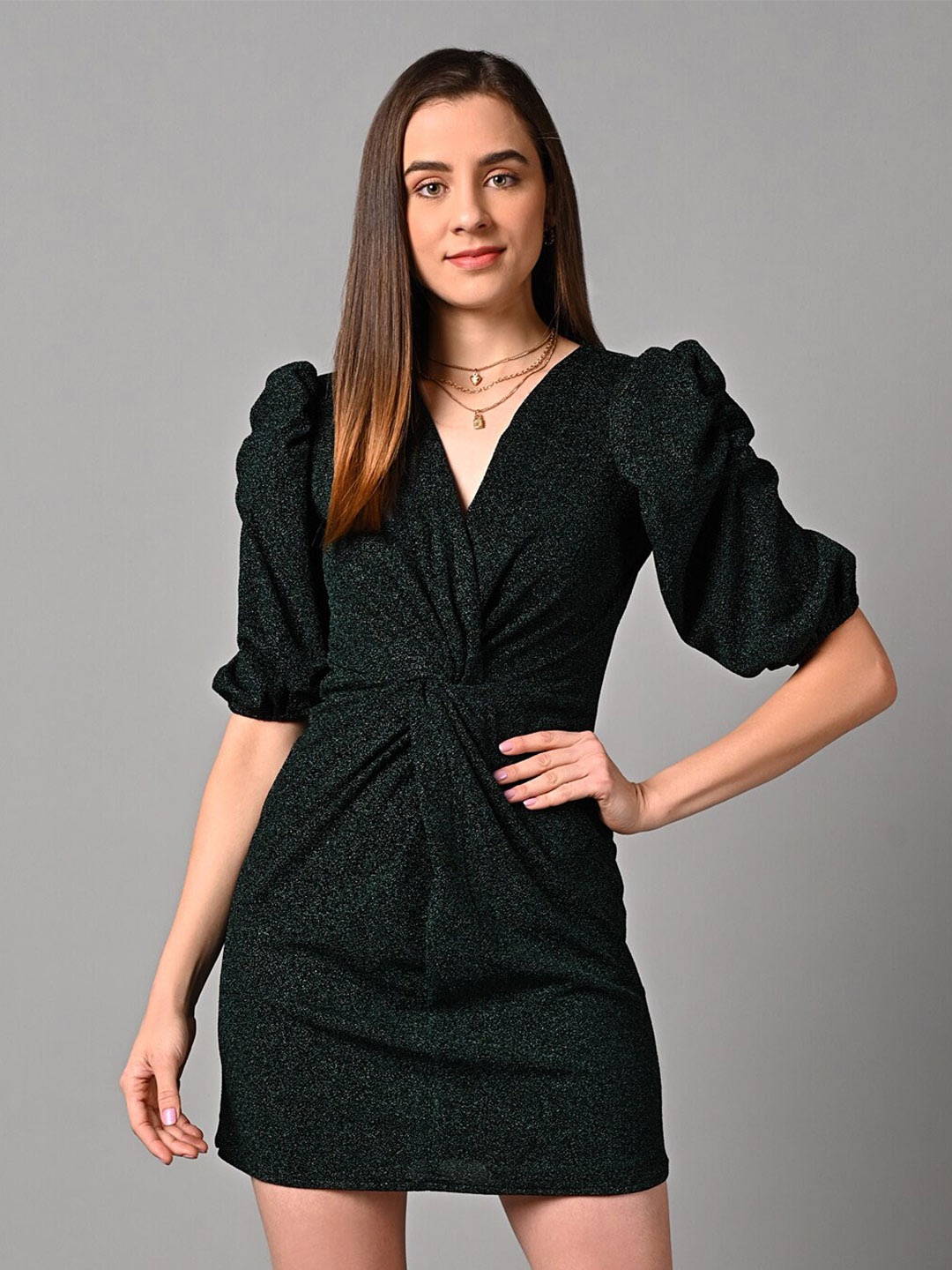 

Justin Whyte Embellished V-Neck Gathered Sheath Dress, Green