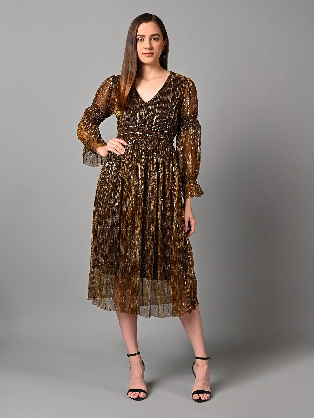 

Justin Whyte Embellished V-Neck Gathered Fit & Flare Midi Dress, Yellow