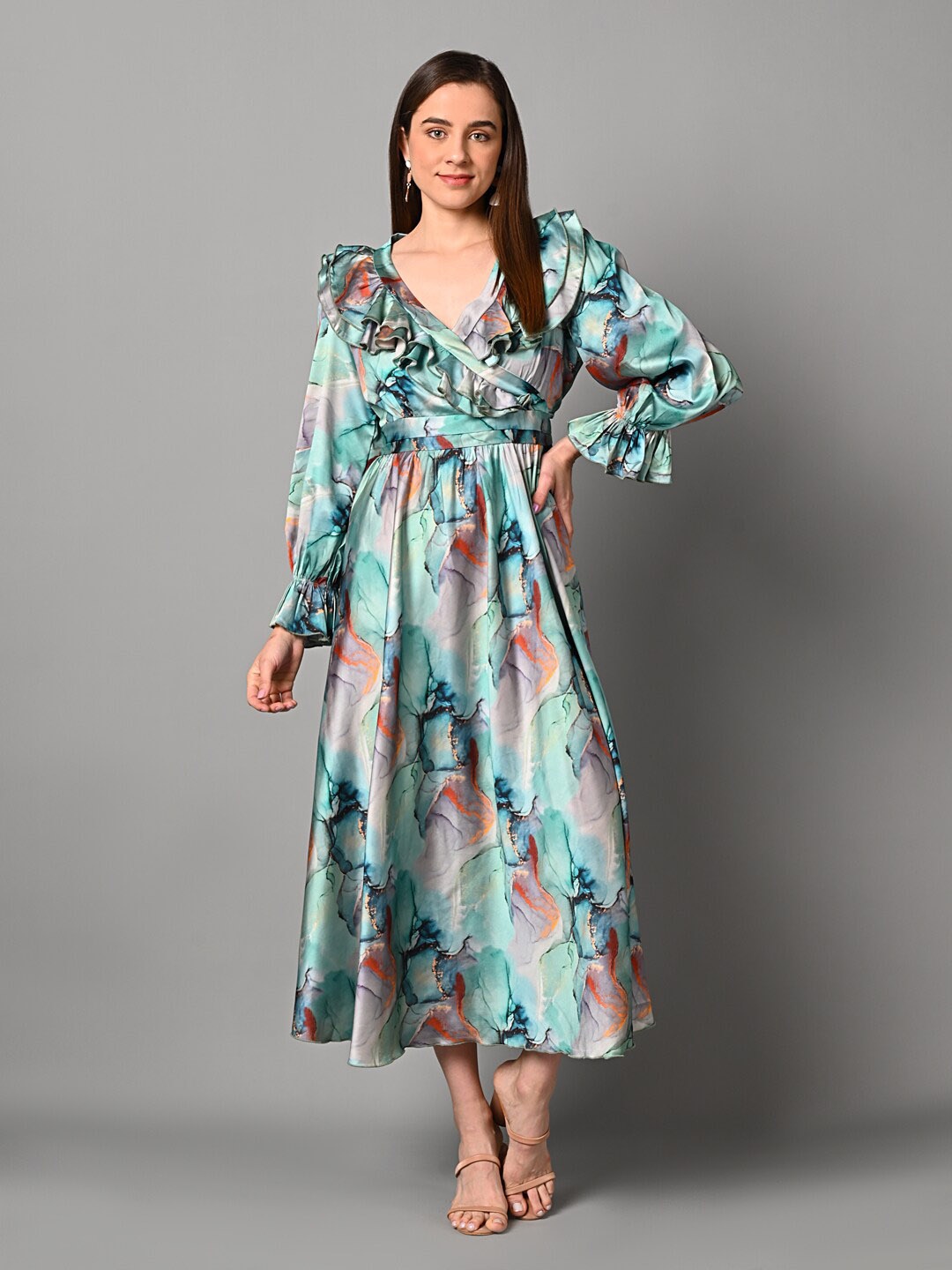 

Justin Whyte Abstract Printed Puff Sleeves Gathered Wrap Midi Dress, Sea green