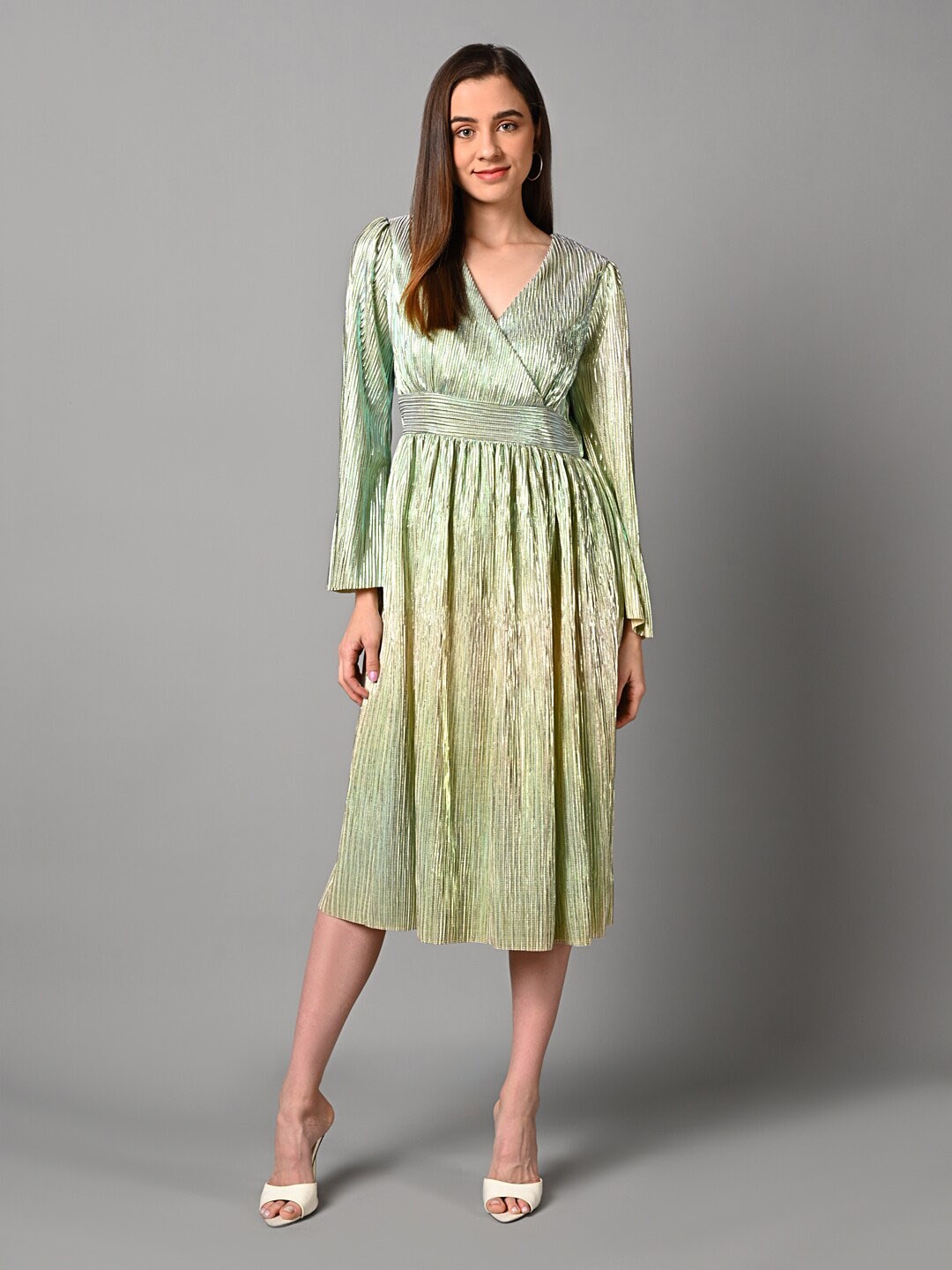 

Justin Whyte Self Designed Bell Sleeves Wrap Midi Dress, Green