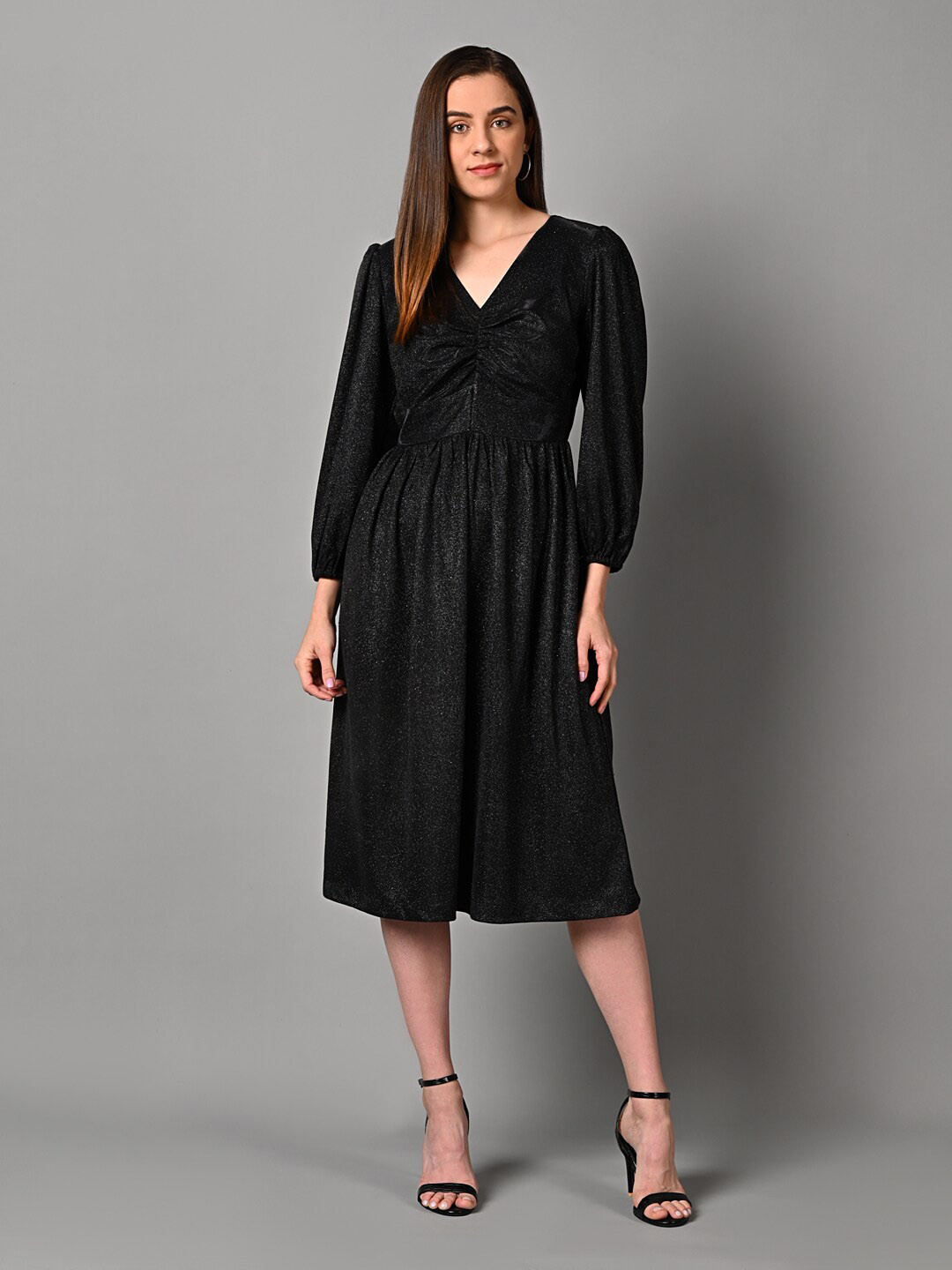 

Justin Whyte Embellished V-Neck Gathered Fit & Flare Dress, Black