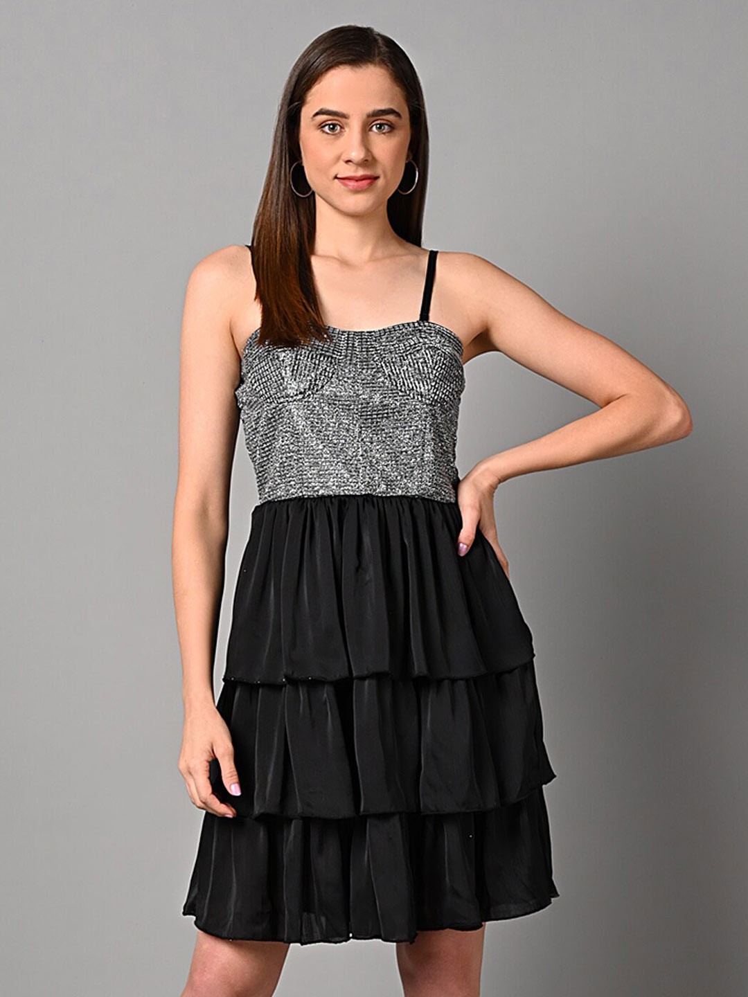 

Justin Whyte Embellished Shoulder Straps Gathered Fit & Flare Dress, Black