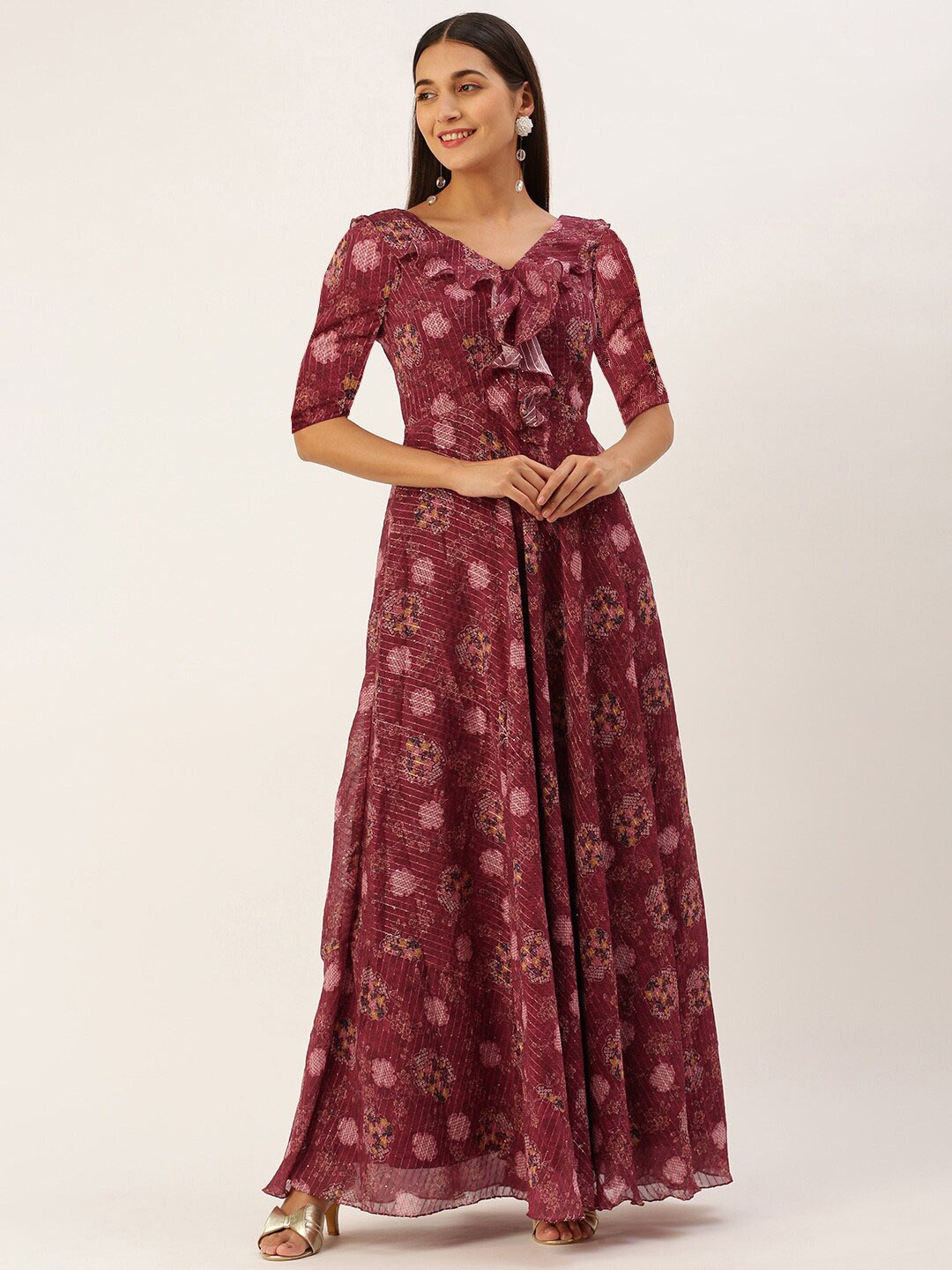 

Ethnovog Floral Printed V-neck Sequined Georgette Maxi Dress, Maroon