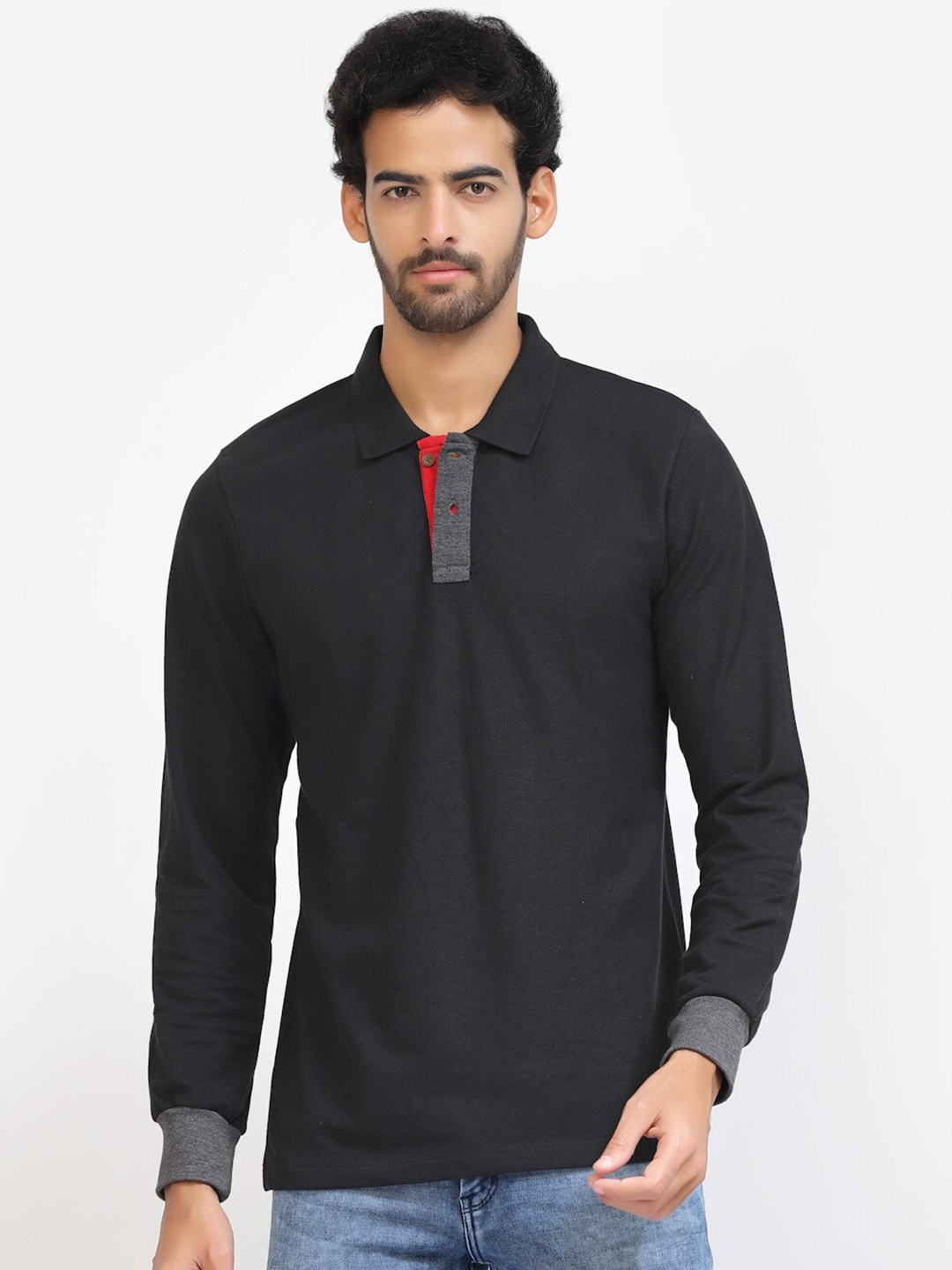 

Kalt Polo Collar Full Sleeves Knitted T-shirt, Black