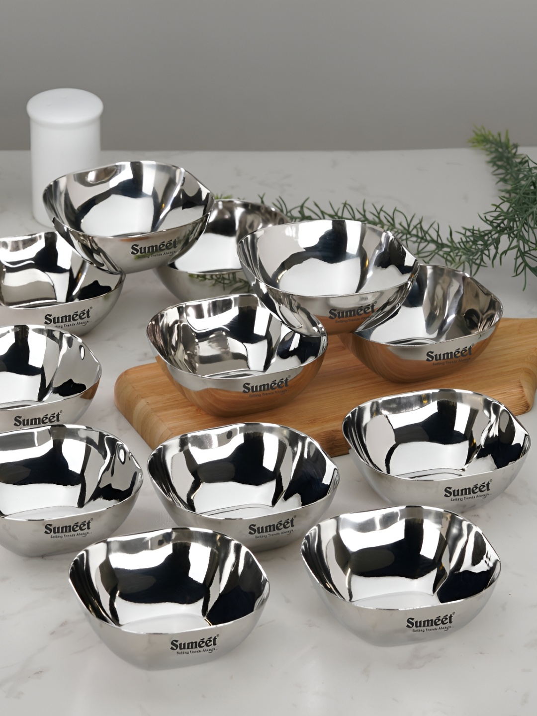 

Sumeet 12 Pieces Light Weight Stainless Steel Square Shape Glossy Bowls, Silver