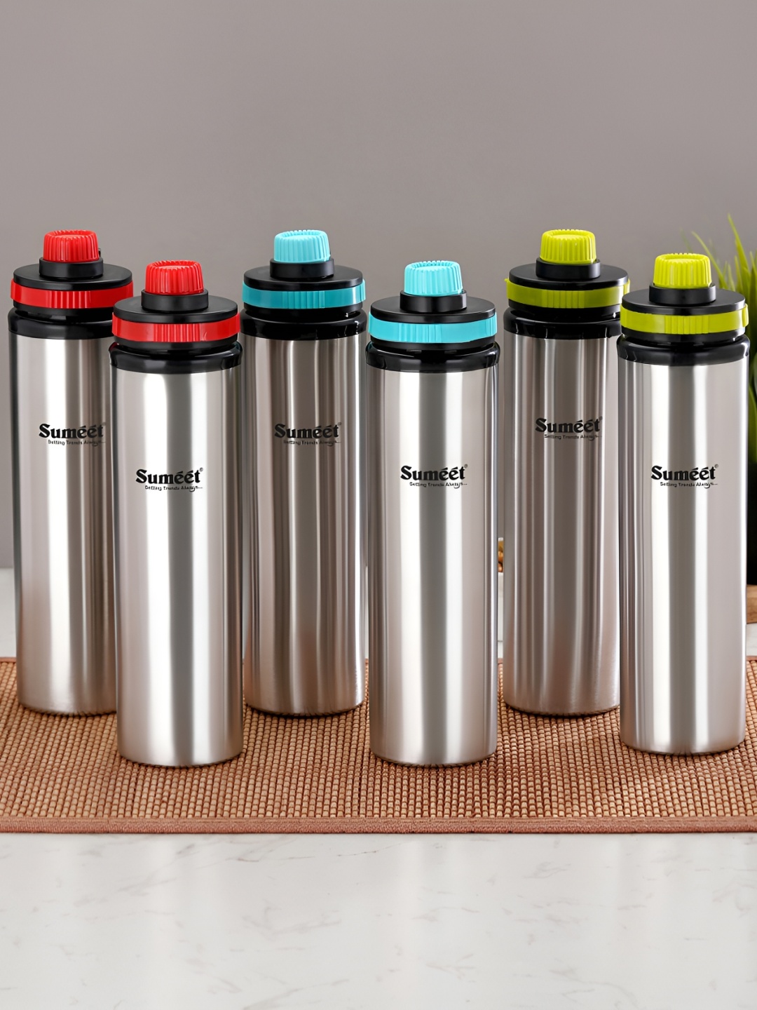 

Sumeet Red & Blue 6 Pieces Eco Leak Proof Stainless Steel Water Bottles 900 ML Each, Silver