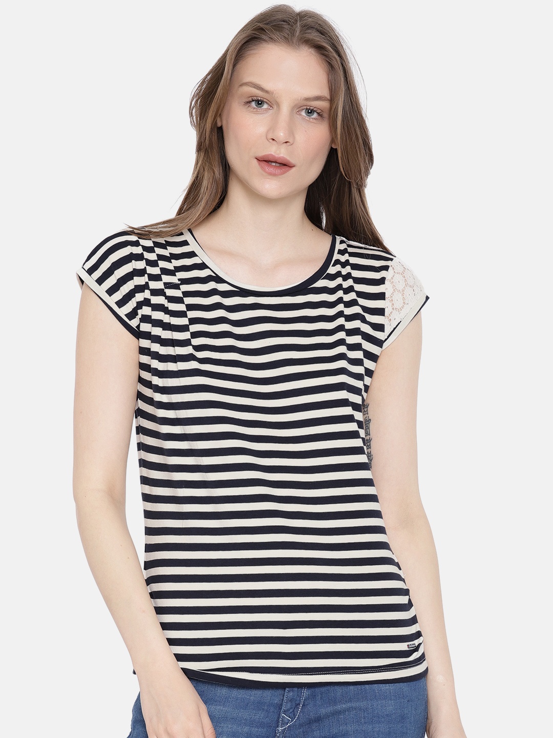 

Lee Cooper Women Navy Blue Striped Round Neck T-shirt