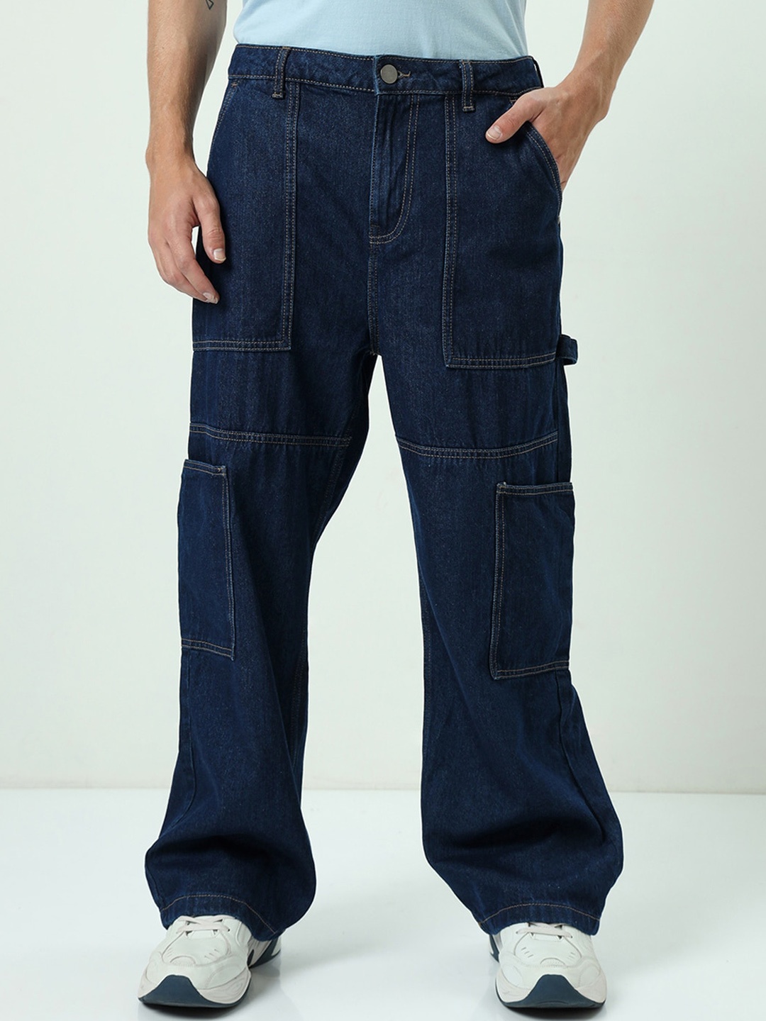 

Bewakoof Men Baggy Straight Fit Clean Look High-Rise Cotton Cargo Jeans, Blue