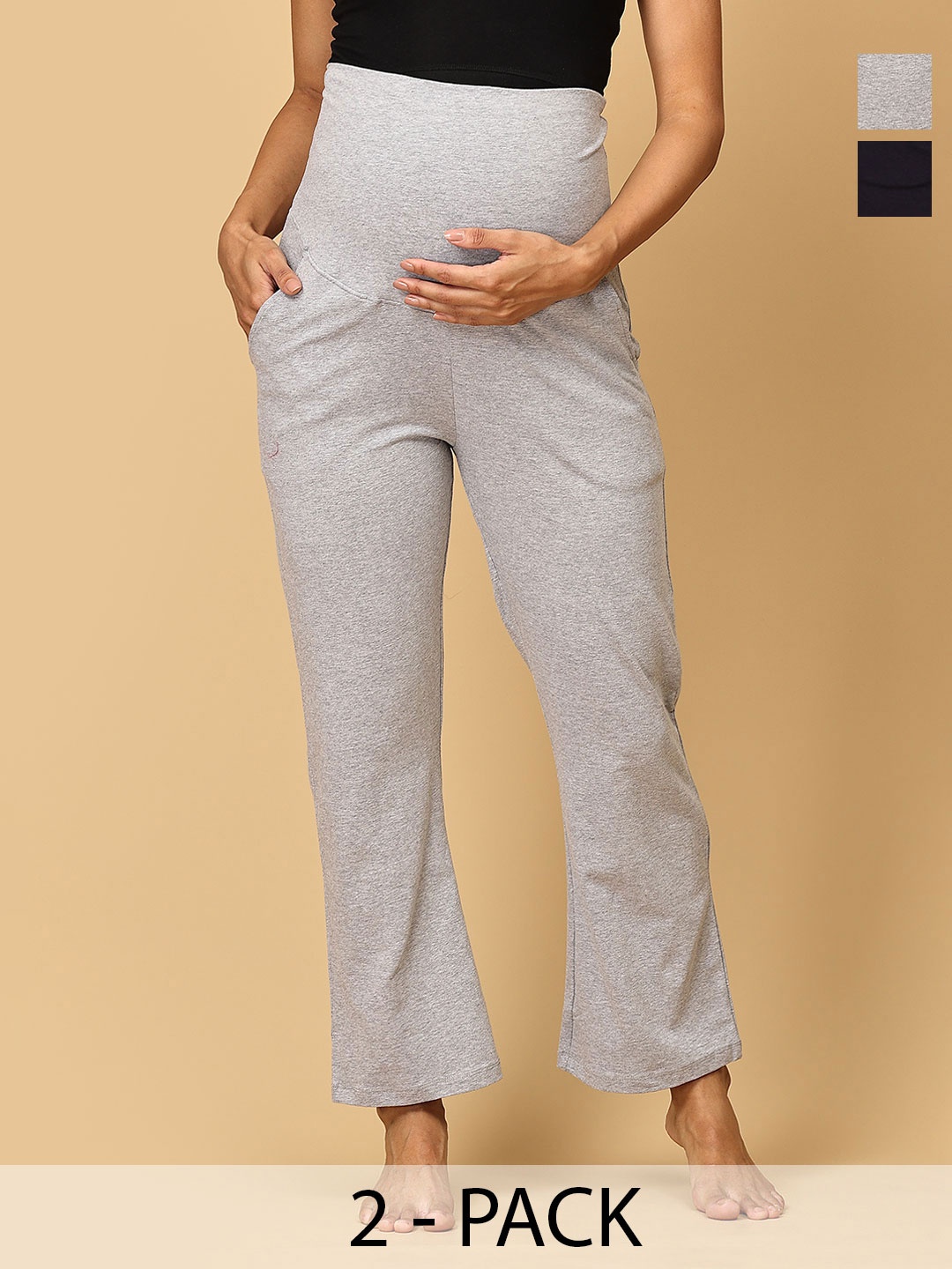 

The Mom Store Women Pack Of 2 Mid-Rise Maternity Straight Lounge Pants, Grey