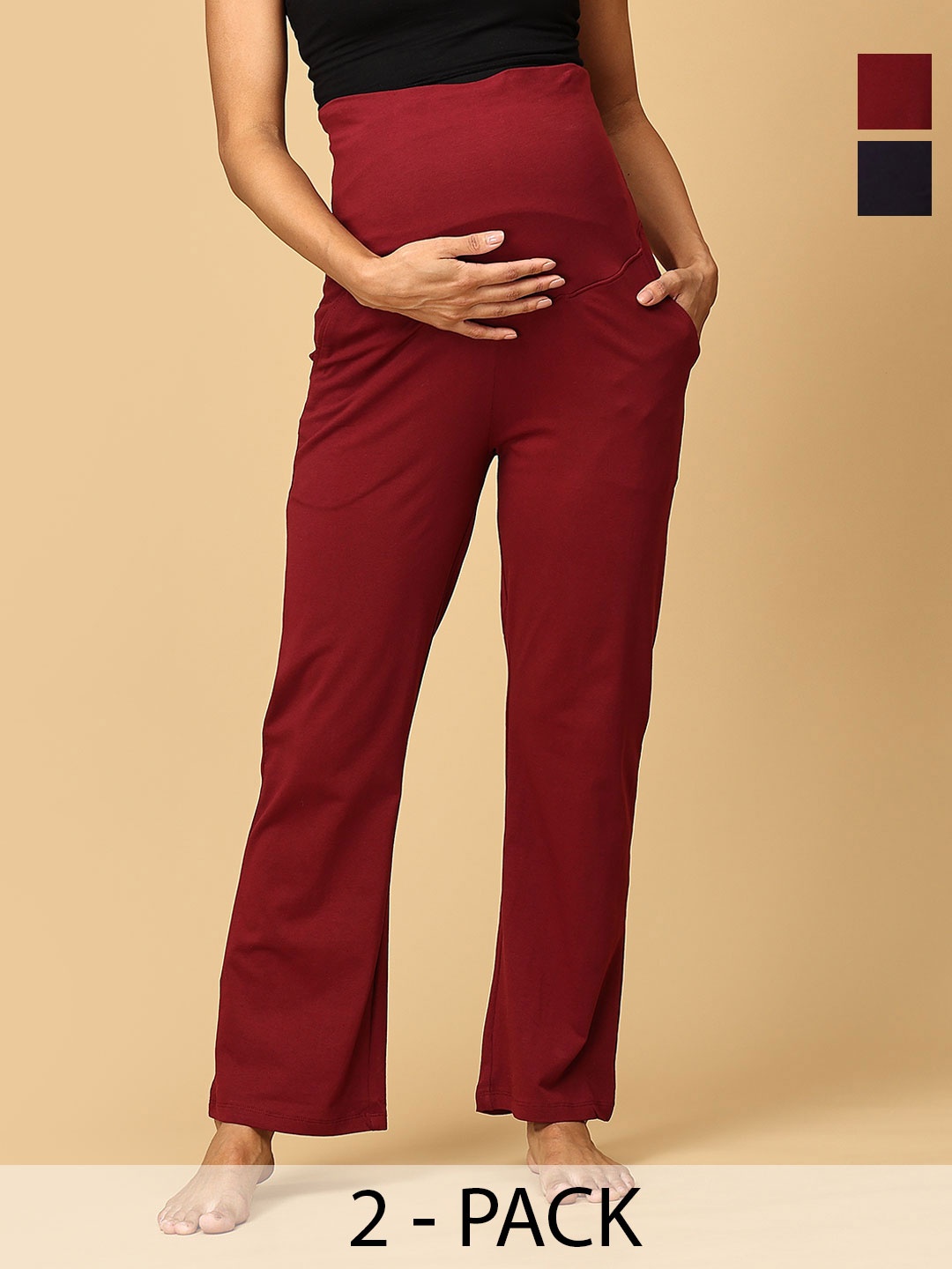 

The Mom Store Women Pack Of 2 Mid Rise Cotton Lounge Pants, Maroon