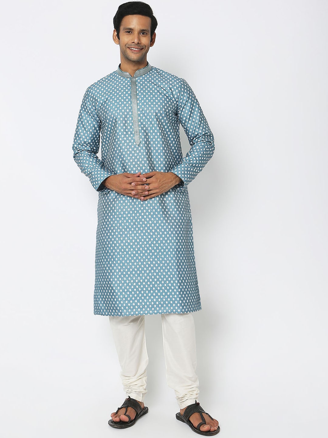 

Ethnicity Polka Dot Printed Thread Work Regular Kurta With Churidar, Blue
