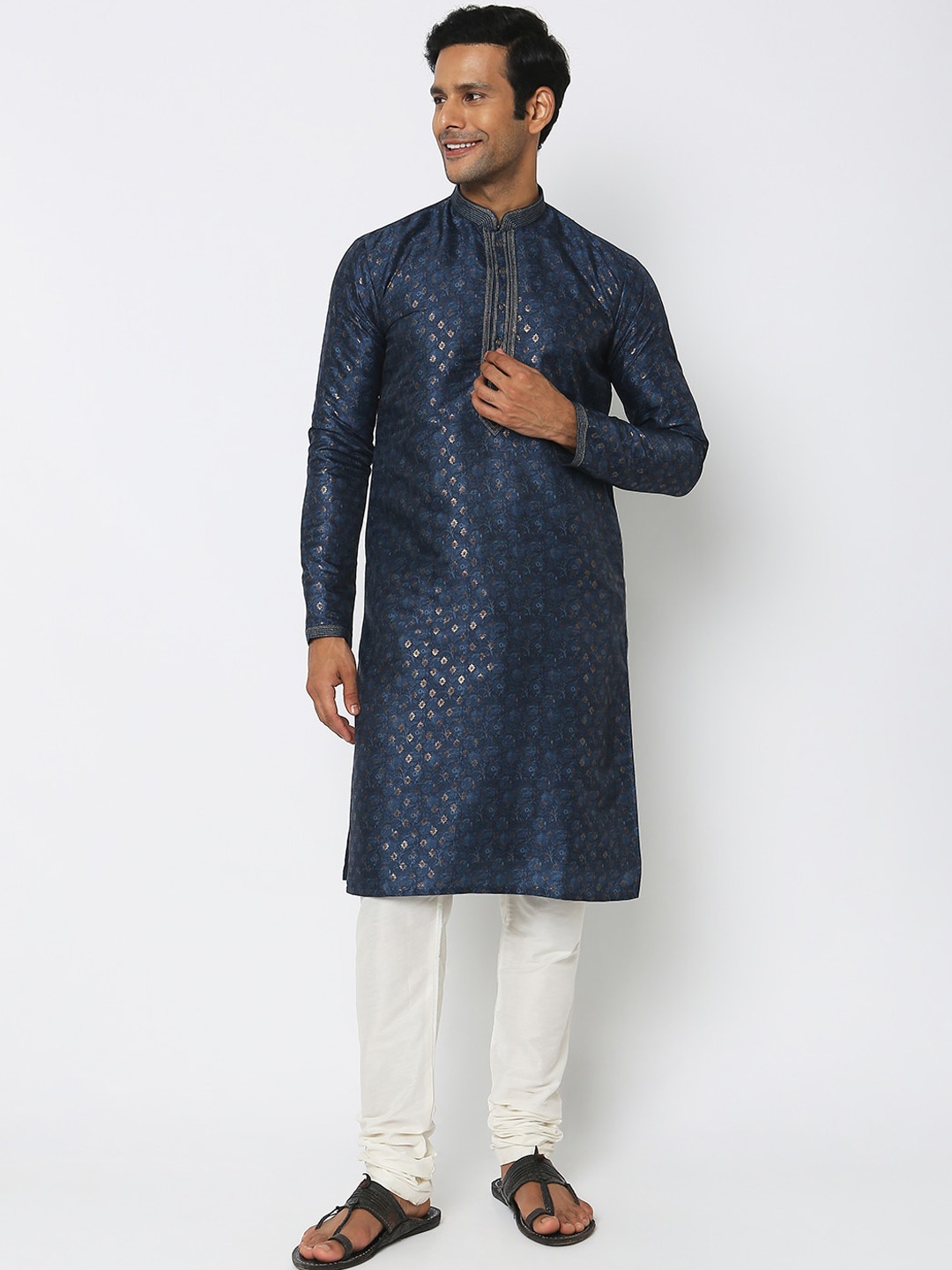 

Ethnicity Ethnic Motifs Woven Designed Mandarin Collar Jacquard Kurta with Churidar, Navy blue