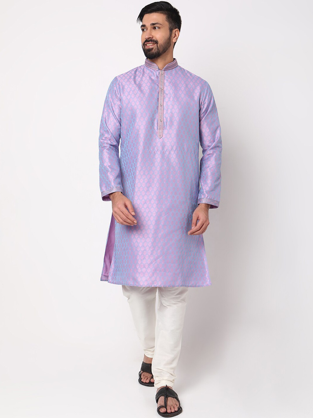 

Ethnicity Men Ethnic Motifs Mandarin Collar Jacquard Kurta With Churidar, Purple