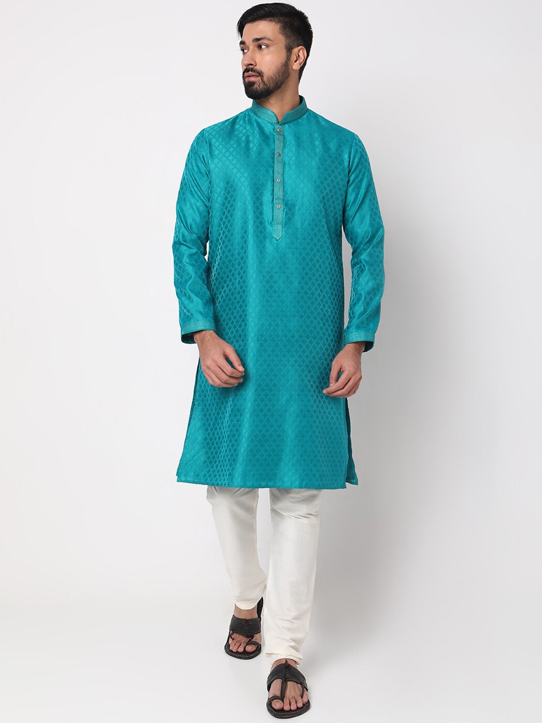 

Ethnicity Ethnic Motif Jacquard Mandarin Collar Straight Kurta With Churidar, Blue