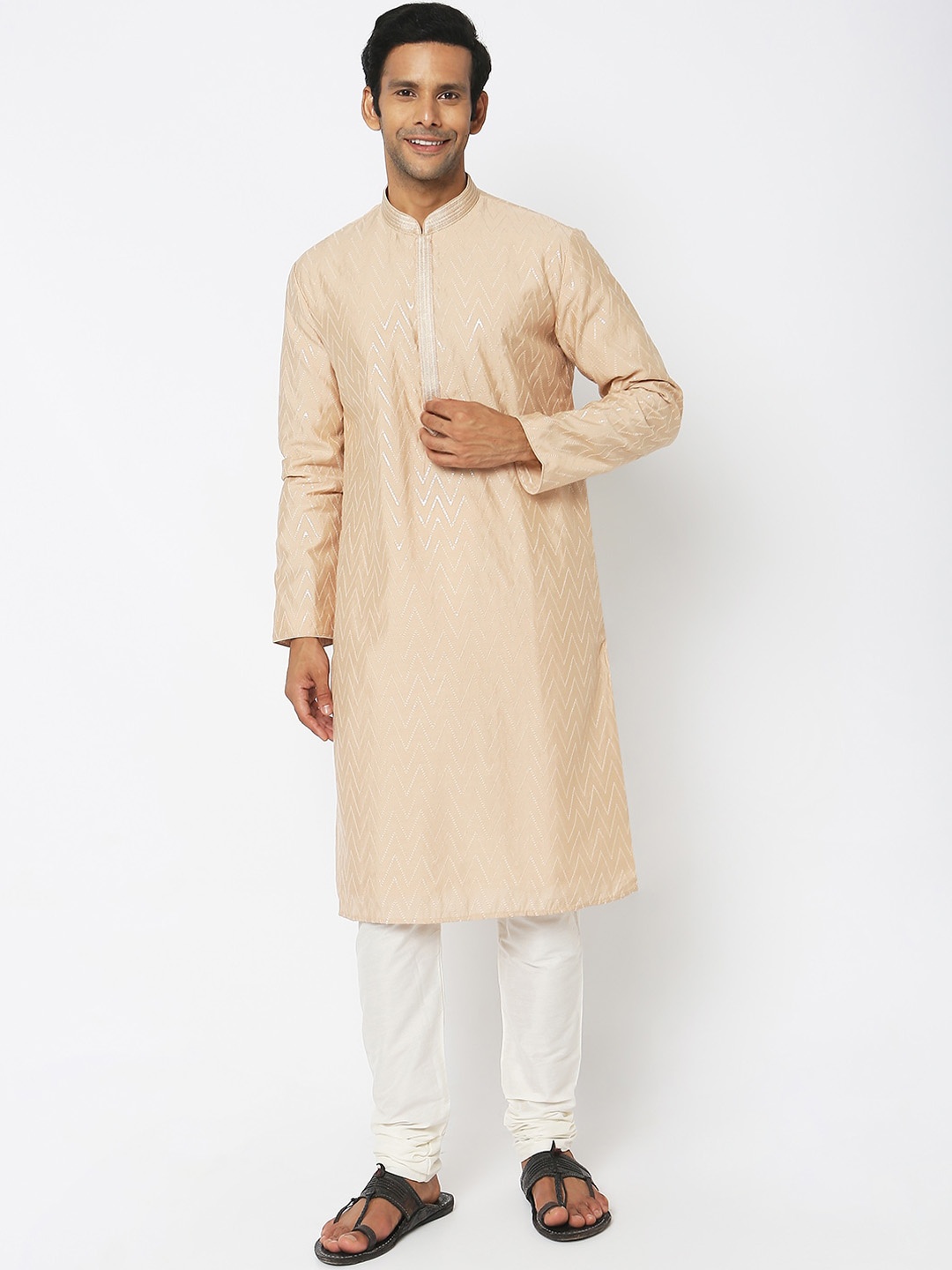 

Ethnicity Sequinned Mandarin Collar Regular Kurta With Churidar, Beige