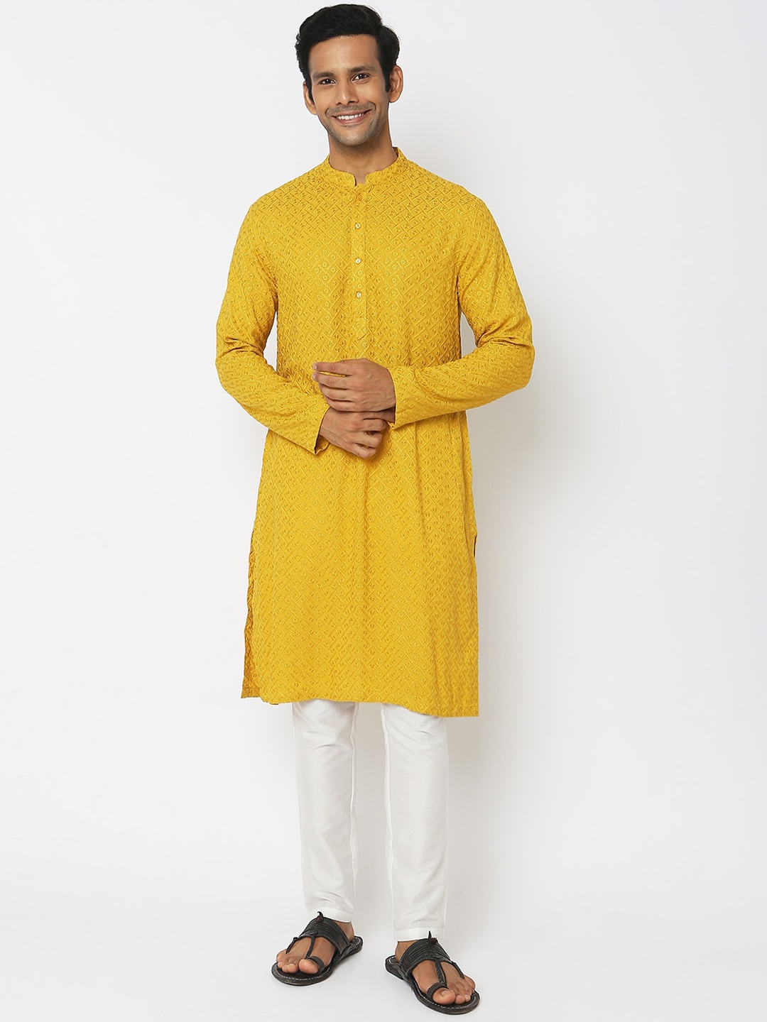 

Ethnicity Ethnic Motifs Embroidered Mandarin Collar Kurta With Churidar, Yellow