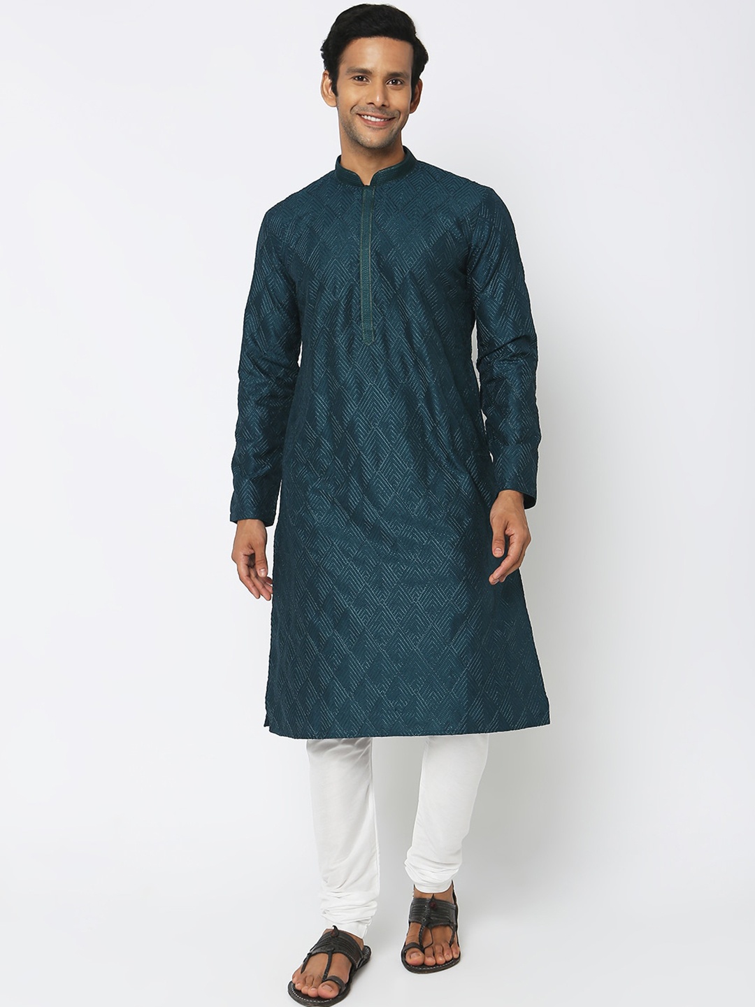 

Ethnicity Geometric Embroidered Mandarin Collar Straight Kurta With Churidar, Teal