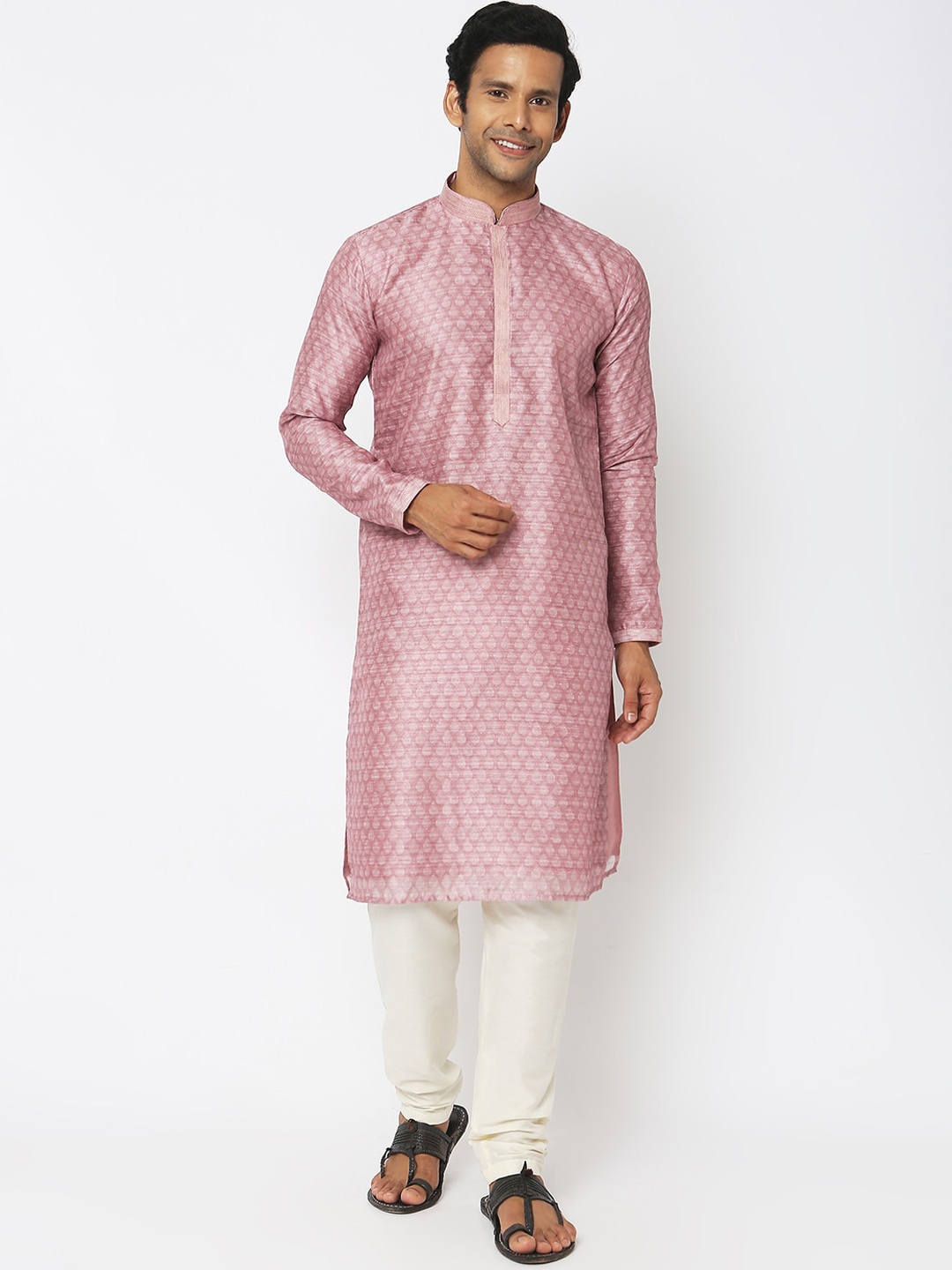 

Ethnicity Ethnic Motifs Mandarin Collar Thread Work Regular Kurta With Pyjamas, Pink