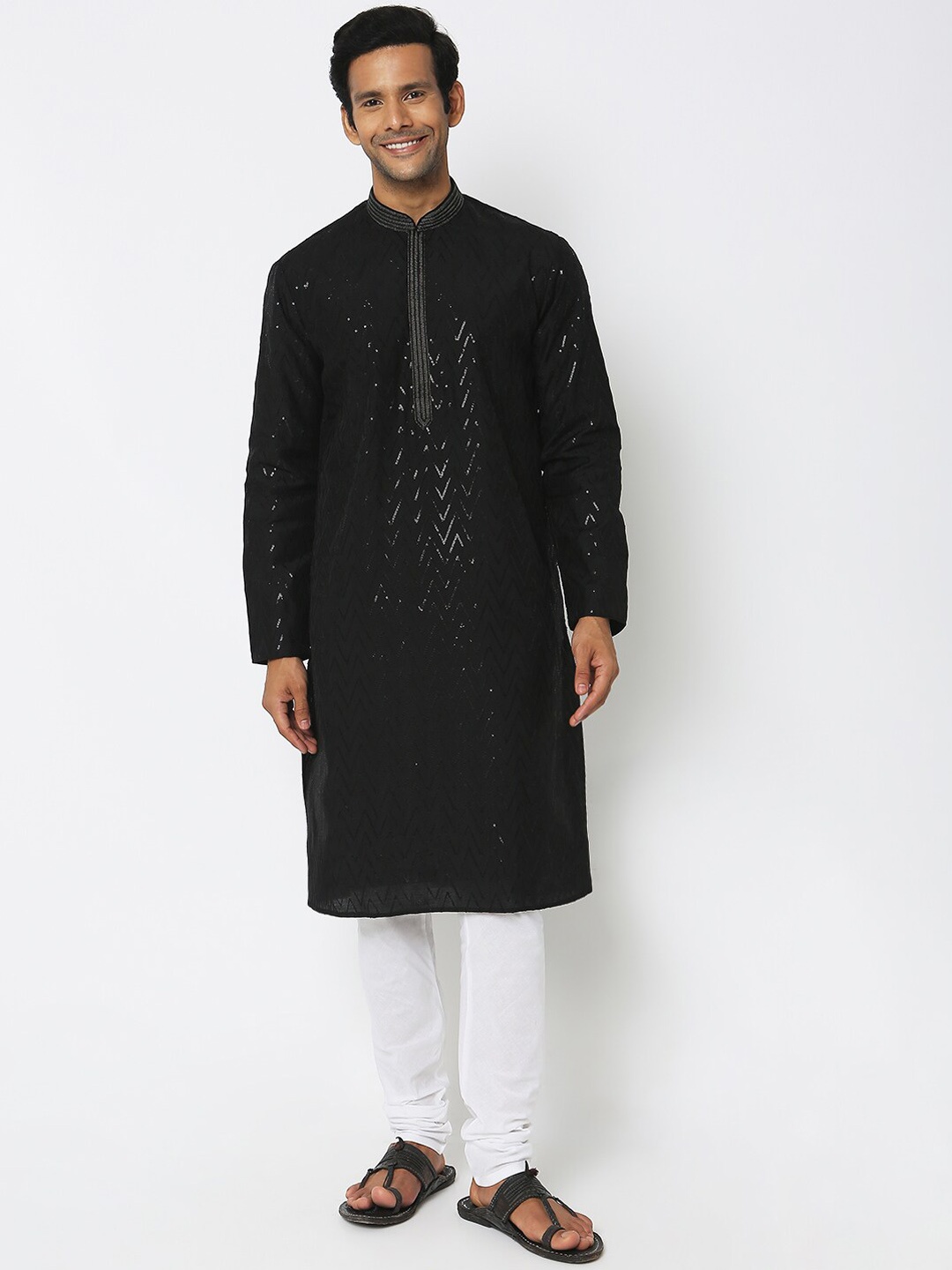 

Ethnicity Sequinned Mandarin Collar Regular Kurta With Churidar, Black