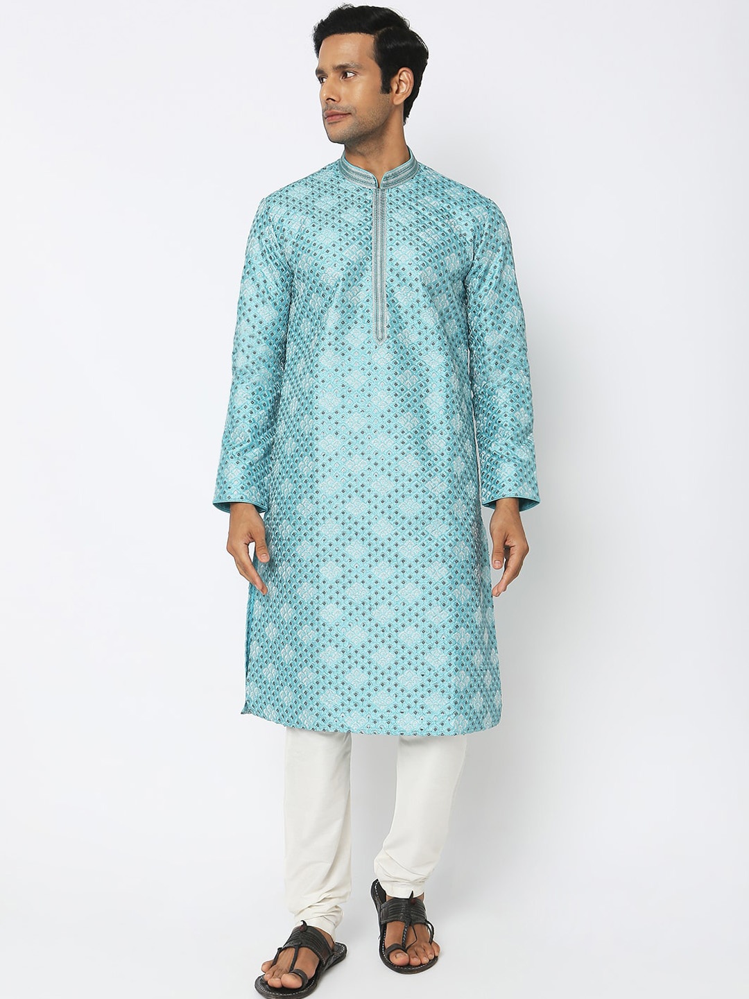 

Ethnicity Ethnic Motifs Embroidered Mandarin Collar Straight Kurta With Churidar, Blue