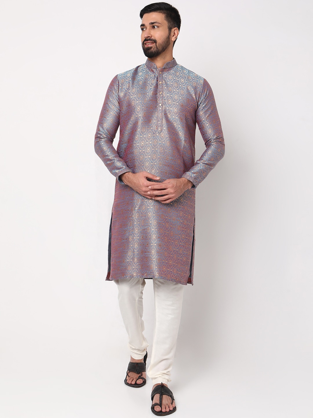 

Ethnicity Ethnic Motif Jacquard Mandarin Collar Straight Kurta With Churidar, Purple