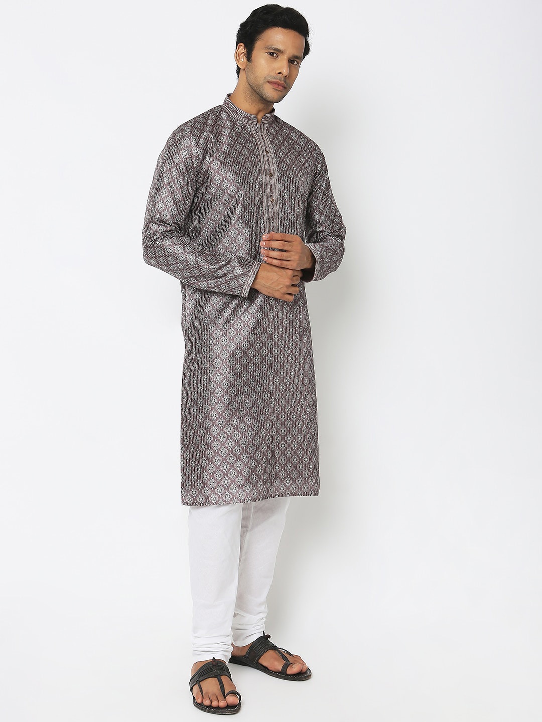 

Ethnicity Ethnic Motifs Printed Mandarin Collar Straight Kurta With Churidar, Brown