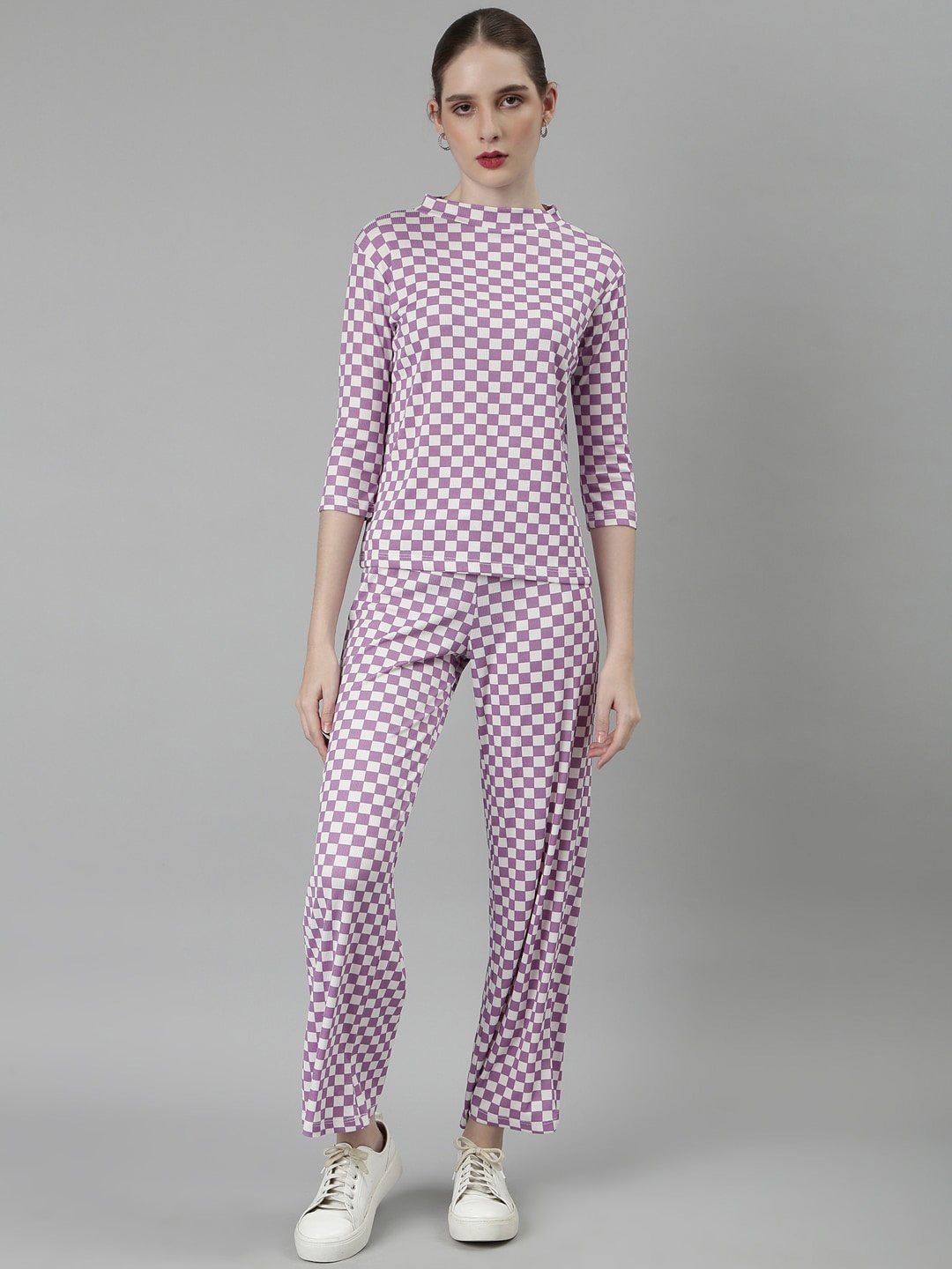 

SHOWOFF Checked High Neck Top With Trousers, Lavender