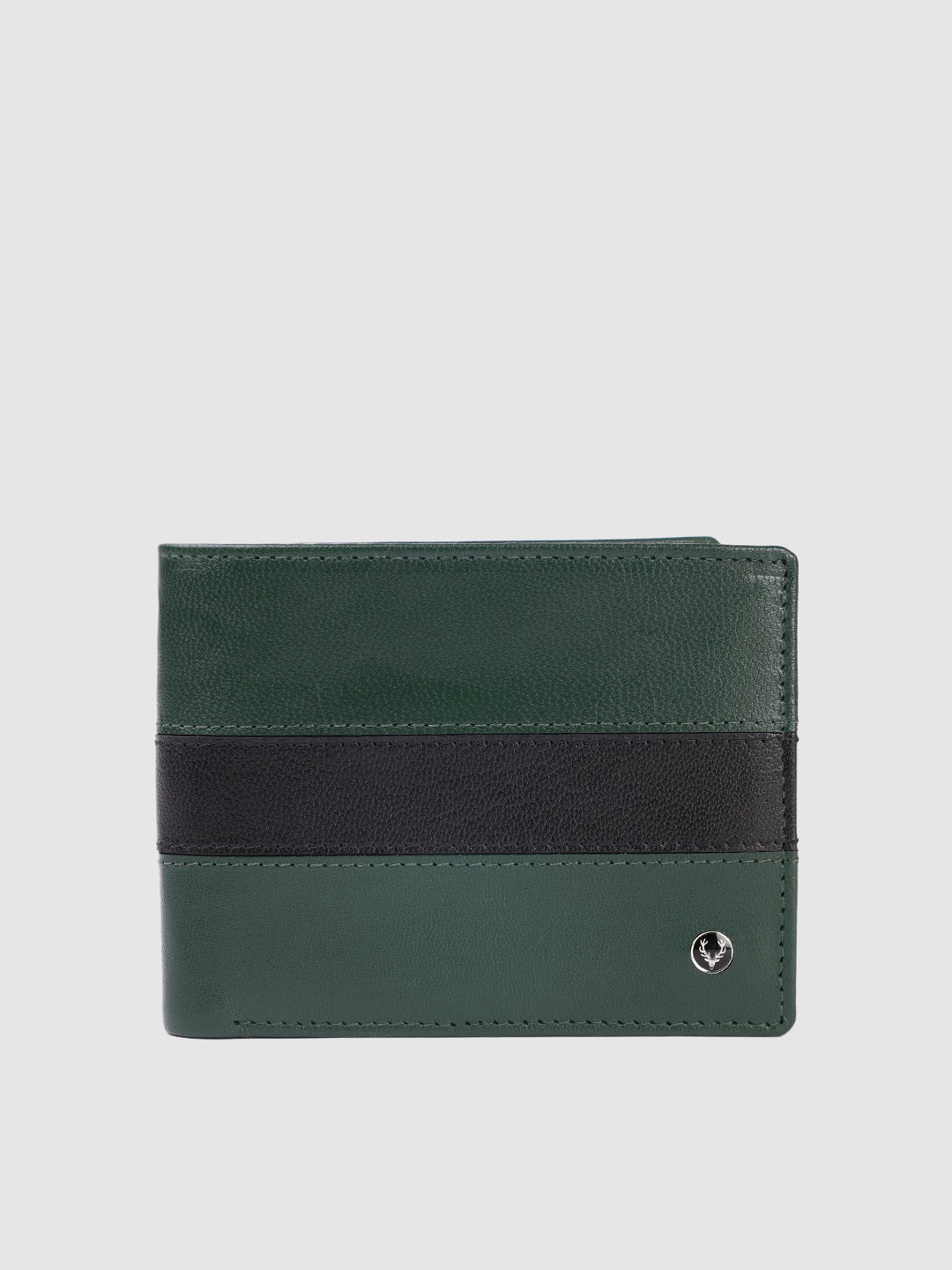 

Allen Solly Men Striped Leather Two Fold Wallet With Colourblocked Detail, Green