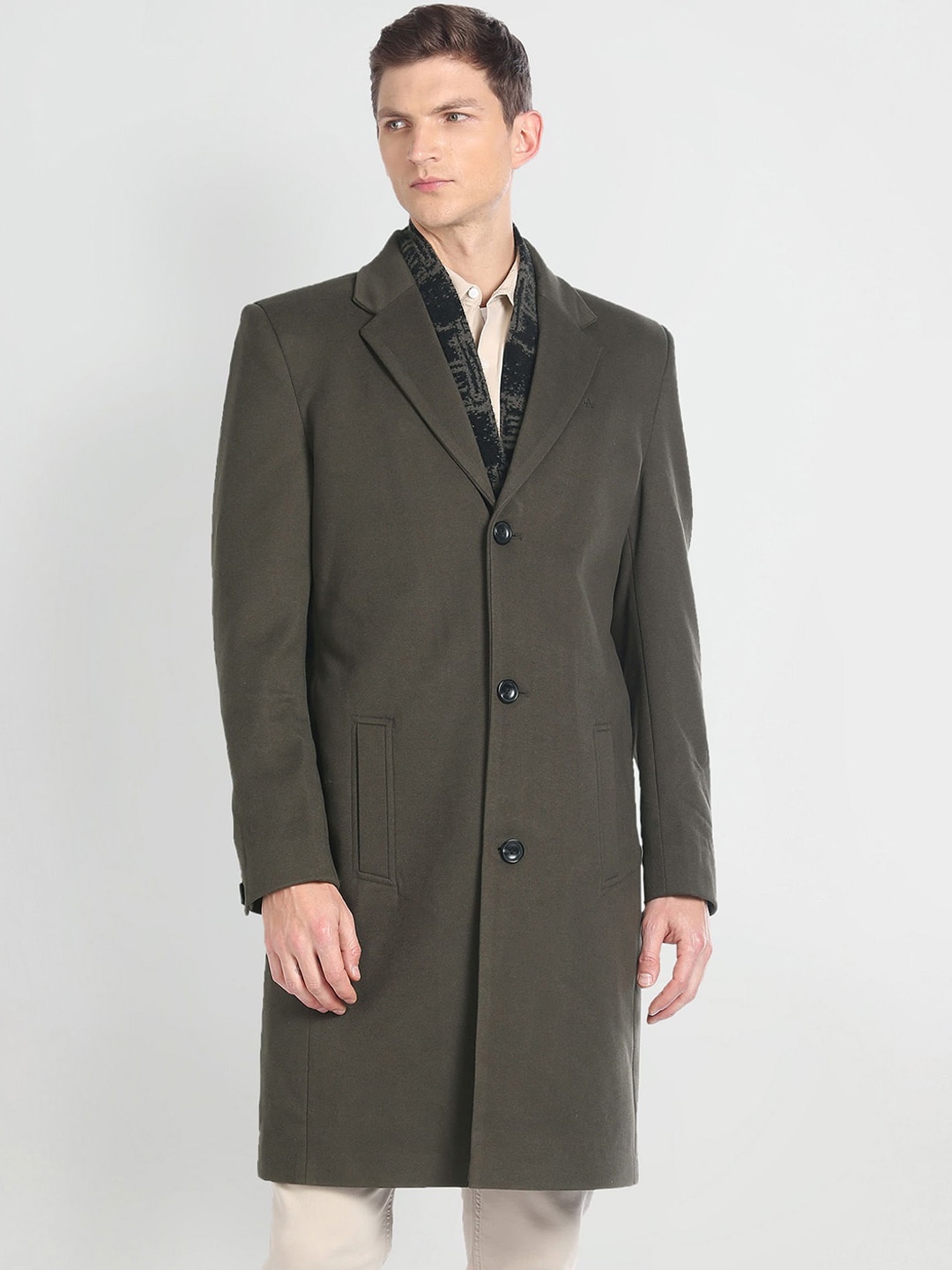 

Arrow Single Breasted Trench Coat With Detachable Muffler, Green