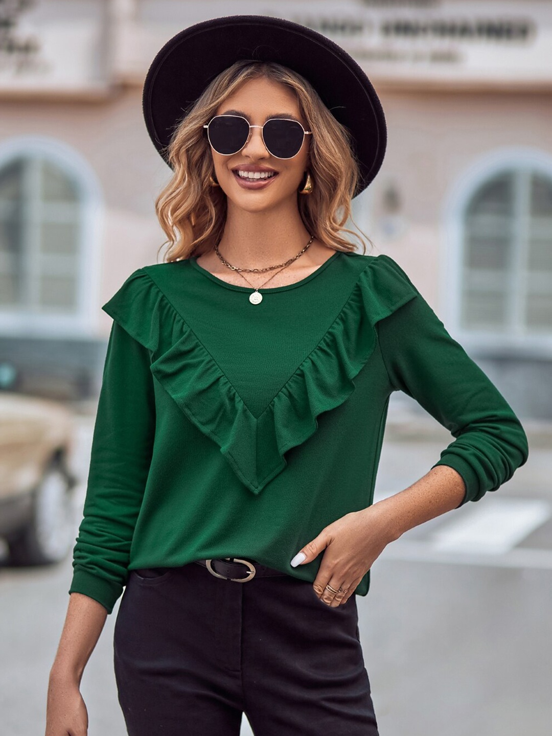 

StyleCast Green Round Neck Ruffled Top
