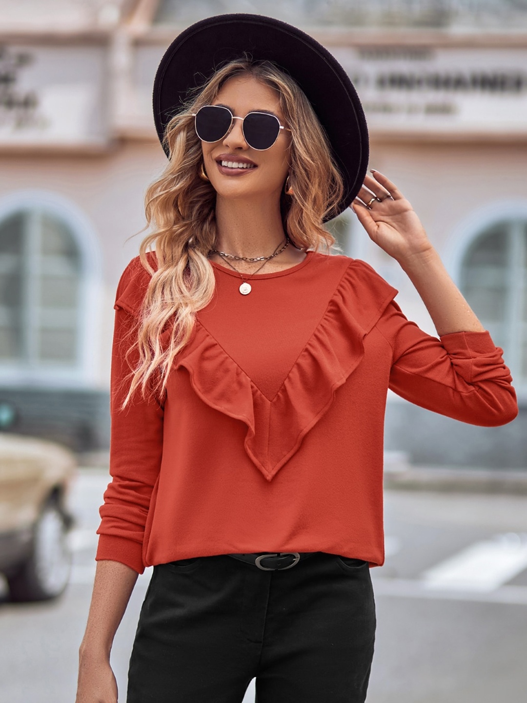 

StyleCast Brown Cuffed Sleeves Ruffled Top