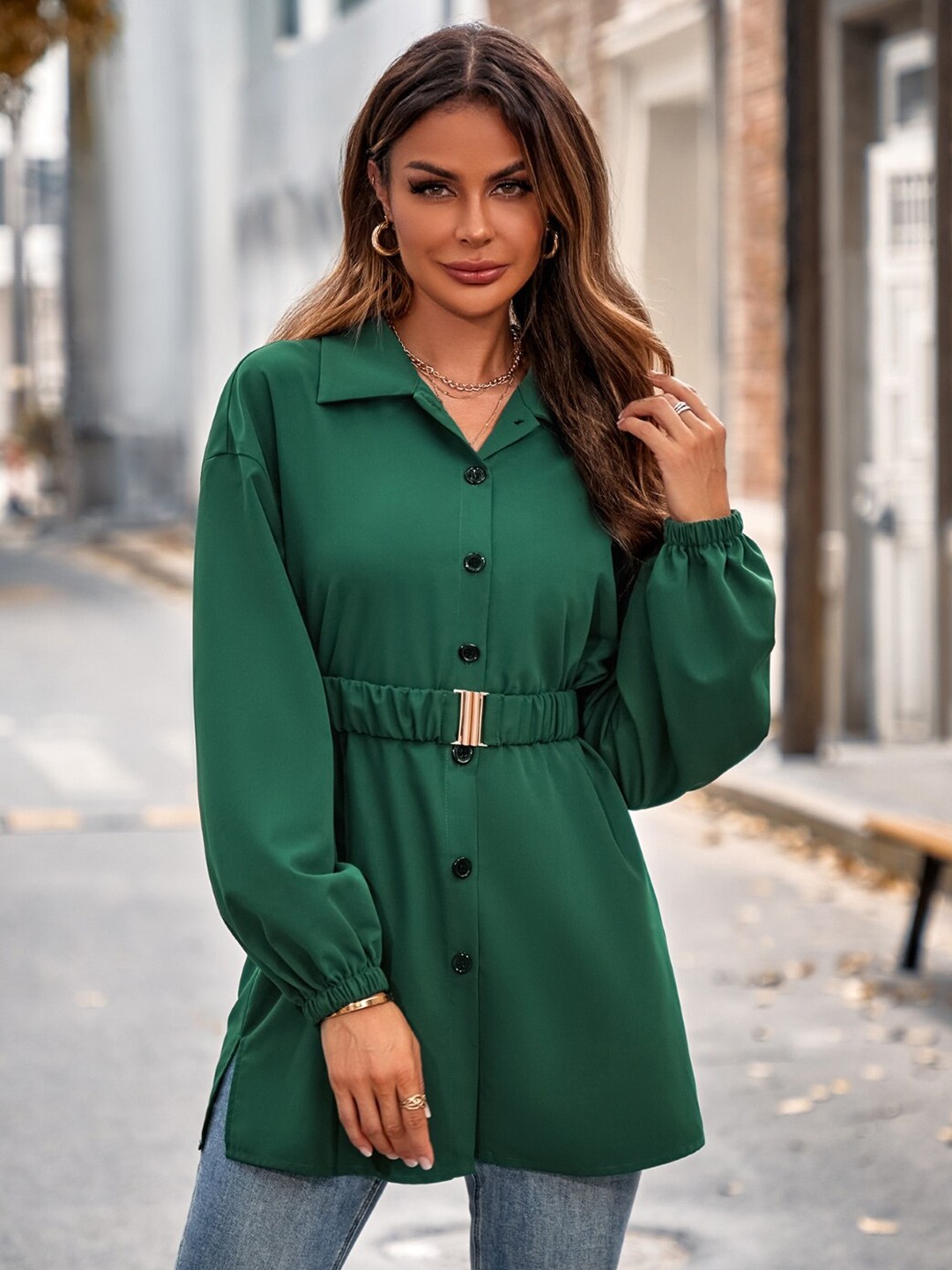 

StyleCast Cuffed Sleeves Shirt Collar Top, Green