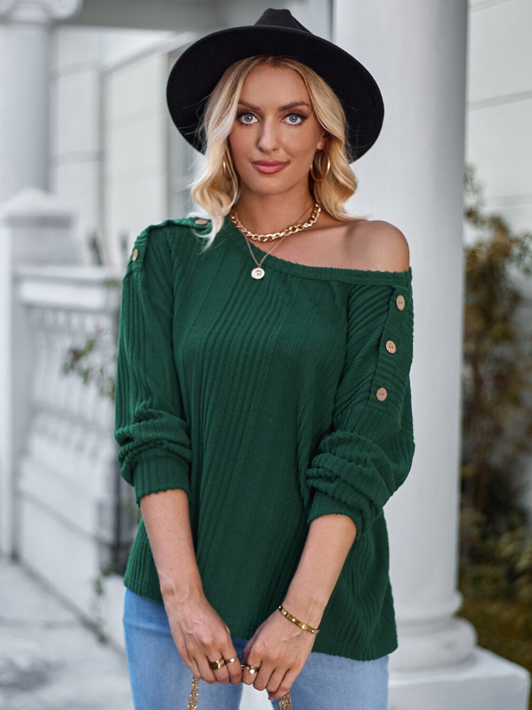

StyleCast Green Self Design Round Neck Top