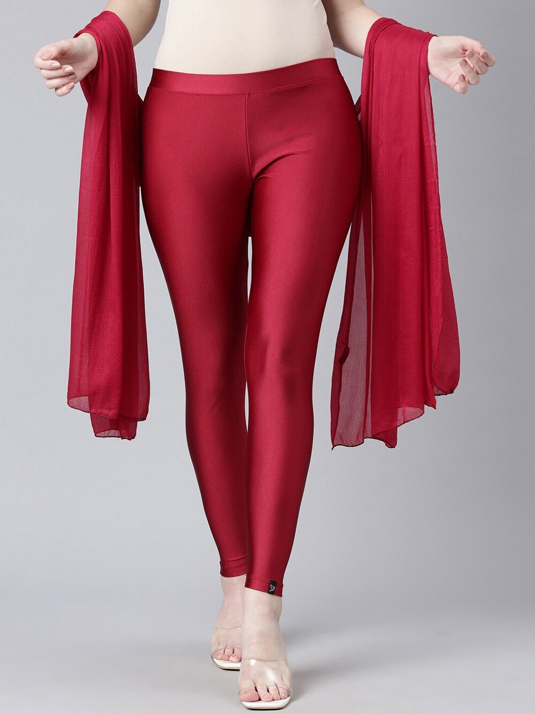 

TWIN BIRDS Ankle Length Shimmer Leggings With Dupatta, Red