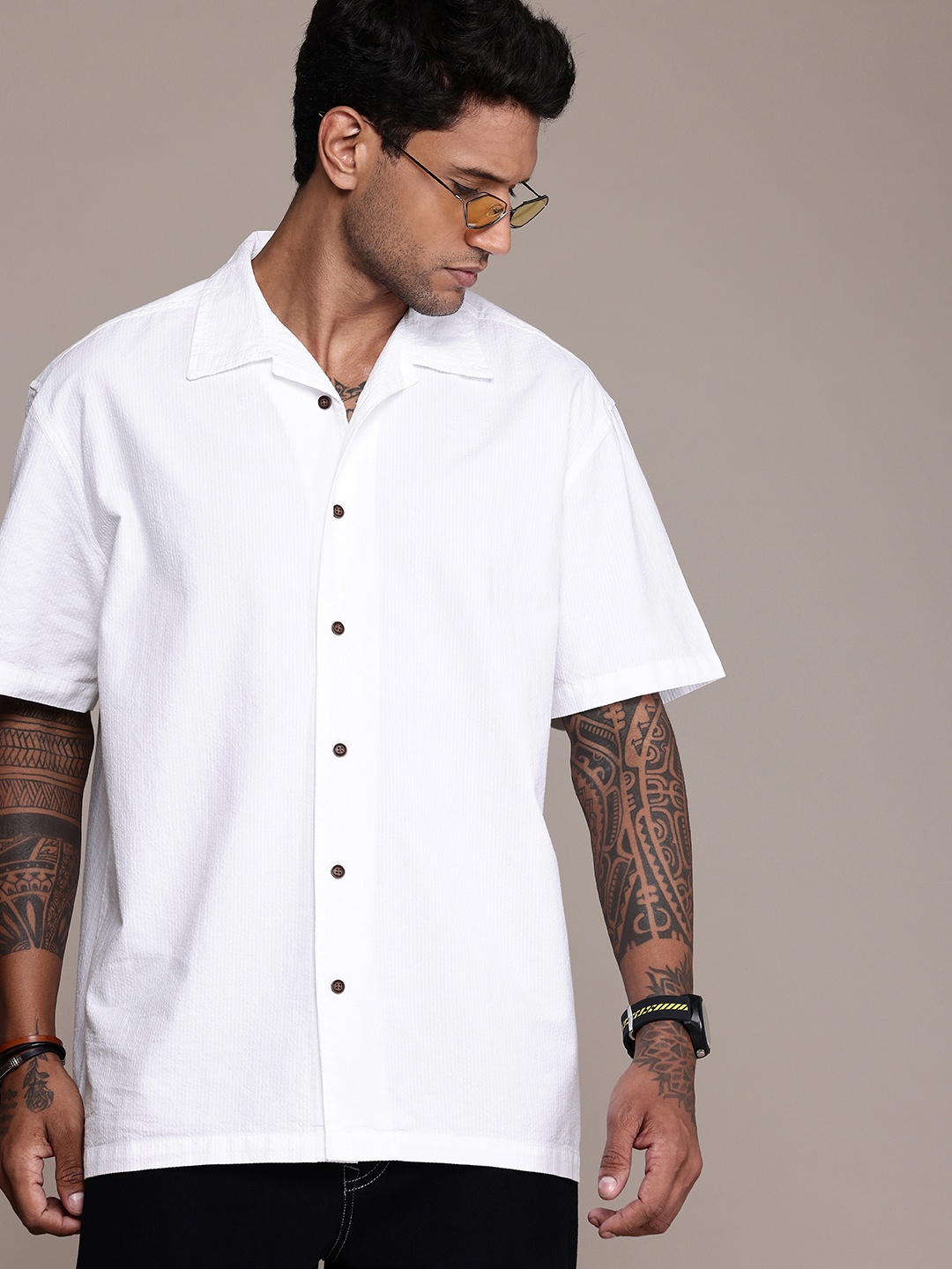 

Roadster Men Relaxed Cuban Collar Seersucker Pure Cotton Casual Shirt, White