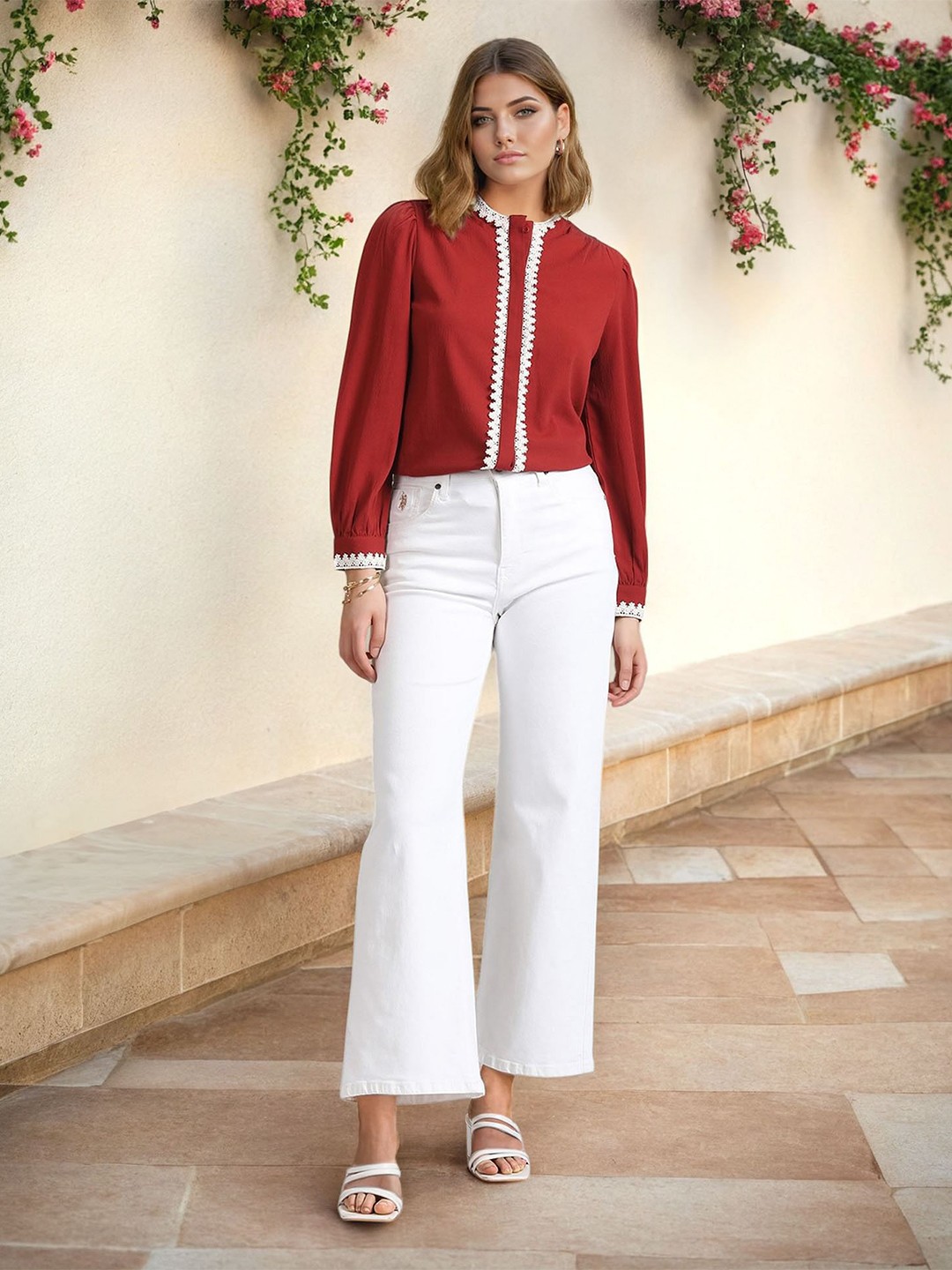 

U.S. Polo Assn. Women Cuffed Sleeves Shirt Style Top, Red