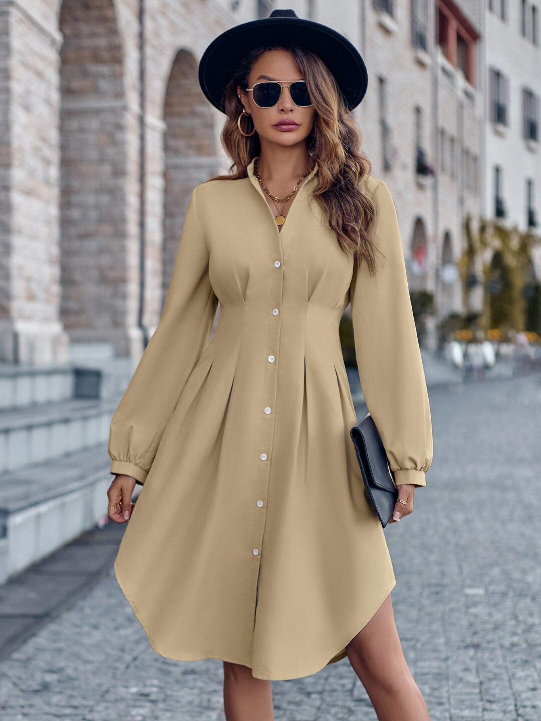 

StyleCast Cream-Coloured Mandarin Collar Cuffed Sleeves Shirt Dress