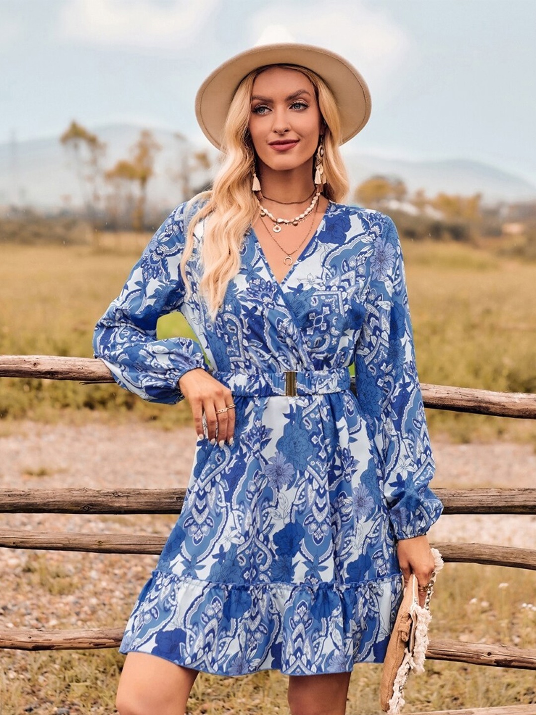

StyleCast Navy Blue Floral Printed Belted A-Line Dress