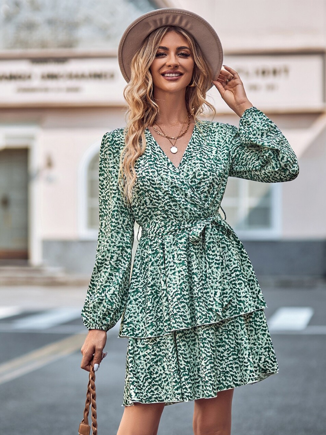 

StyleCast Green Abstract Printed Layered Fit & Flare Dress