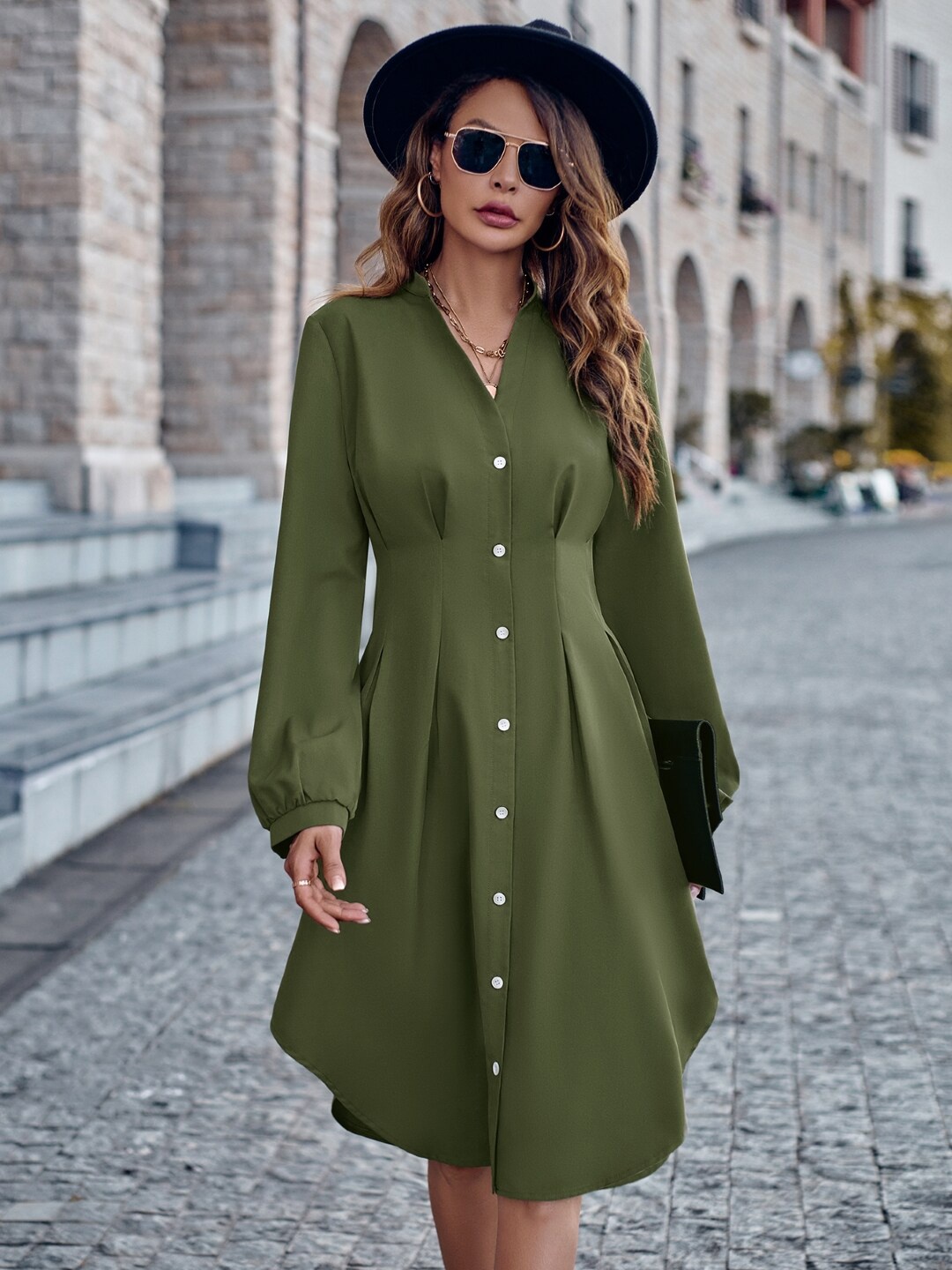 

StyleCast Green Mandarin Collar Cuffed Sleeves Shirt Dress